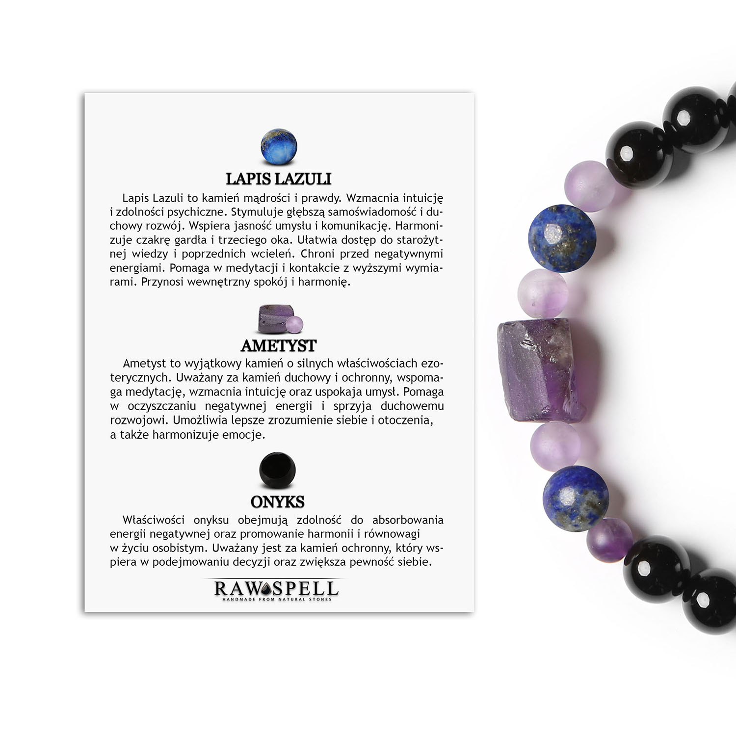 Bransoletka Kema z lapis lazuli, ametystu i onyksu w wersji dla kobiet i mężczyzn Bransoletka z kolekcji Kema z naturalnymi kamieniami: Lapis Lazuli, Ametyst i Onyks, dostępna zarówno dla kobiet, jak i mężczyzn