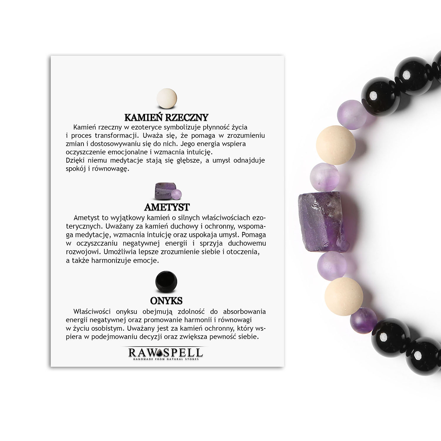 Bransoletka Kema z naturalnymi kamieniami Ametyst, Onyks - dostępna w wersji damskiej i męskiej Bransoletka męska i damska z kolekcji Kema, w skład której wchodzą naturalne kamienie: Kamień Rzeczny, Ametyst oraz Onyks.