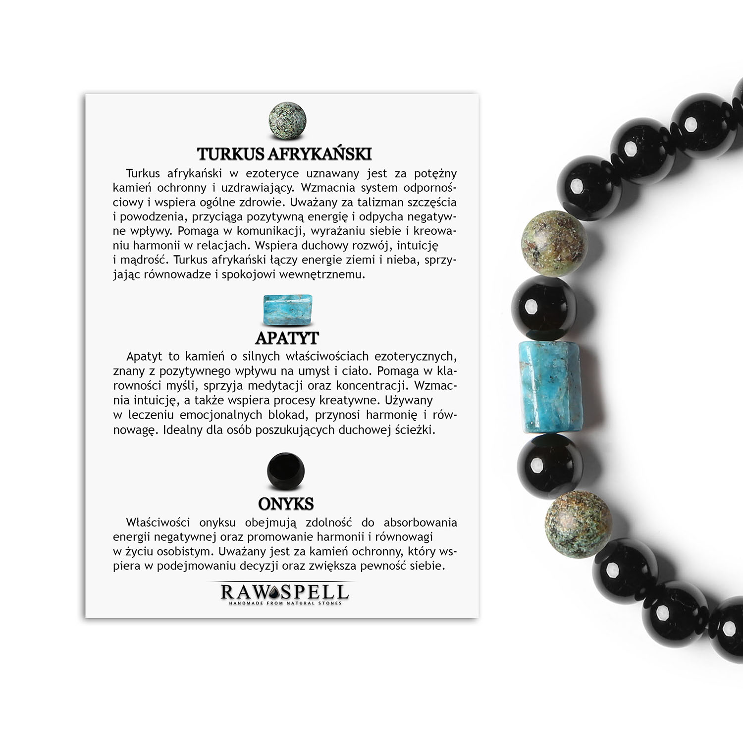 Bransoletka Laeri dla kobiet i mężczyzn z turkusem afrykańskim apatytem i onyksem na gumce Elegancka bransoletka z kolekcji Laeri, ozdobiona naturalnymi kamieniami: turkusem afrykańskim, apatyt i onyksami, stworzona dla kobiet i mężczyzn.