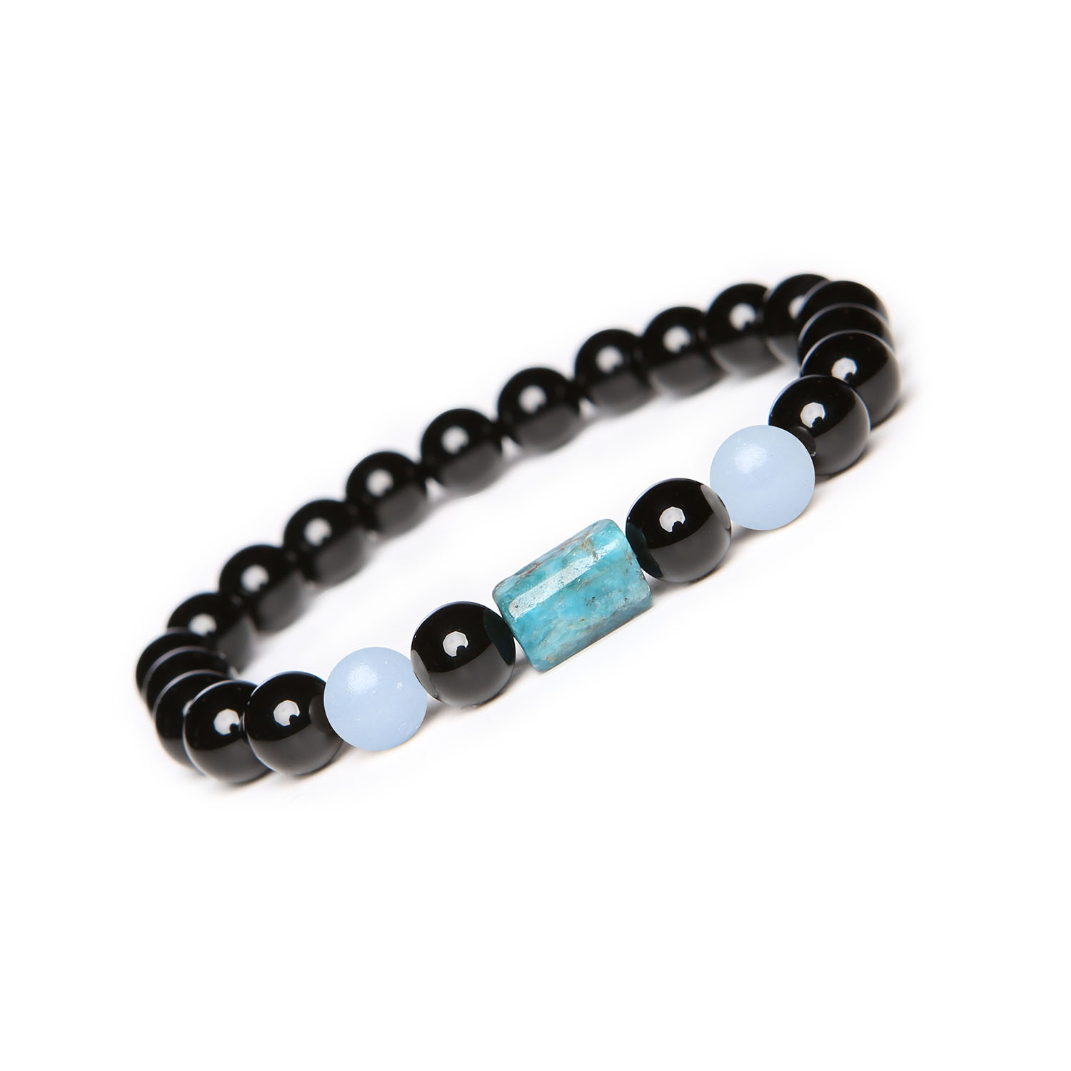 Bransoletka Laeri na gumce, angelit z Peru, apatyt i onyks, idealna dla kobiet i mężczyzn Bransoletka Laeri z wysokiej jakości naturalnych kamieni: angelit, apatyt i onyks, stworzona dla nowoczesnych kobiet i mężczyzn.