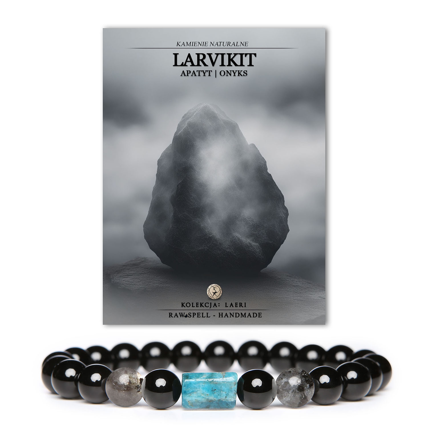 Bransoletka Laeri z unikalnych kamieni naturalnych – larvikit, apatyt i onyks, odpowiednia dla obu płci.