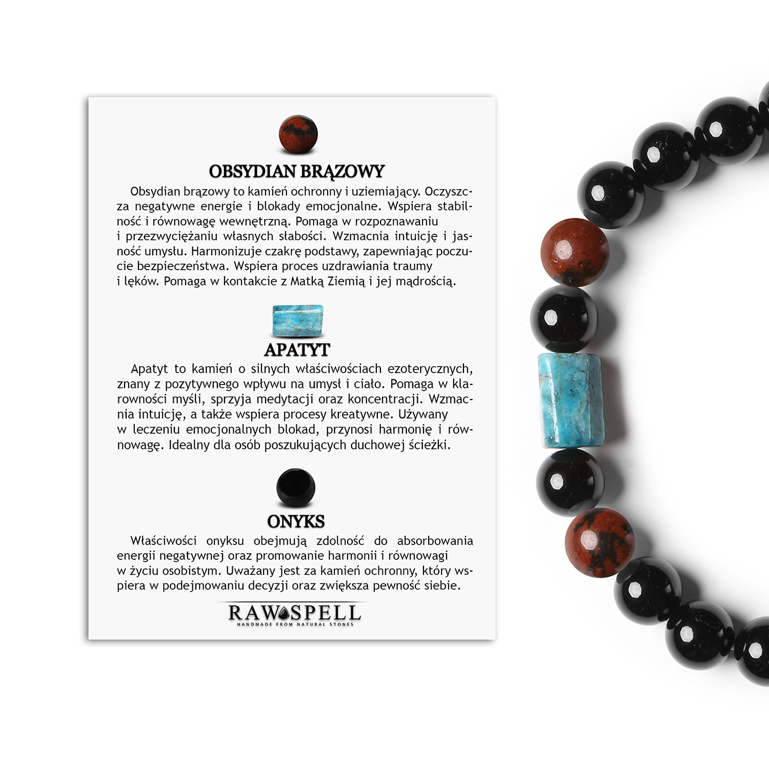 Bransoletka Laeri na gumce z brązowym obsydianem, onyksem i apatytami, doskonała dla wszystkich płci Stylowa bransoletka Laeri z brązowym obsydianem, apatytami i onyksami, dostępna dla kobiet i mężczyzn.