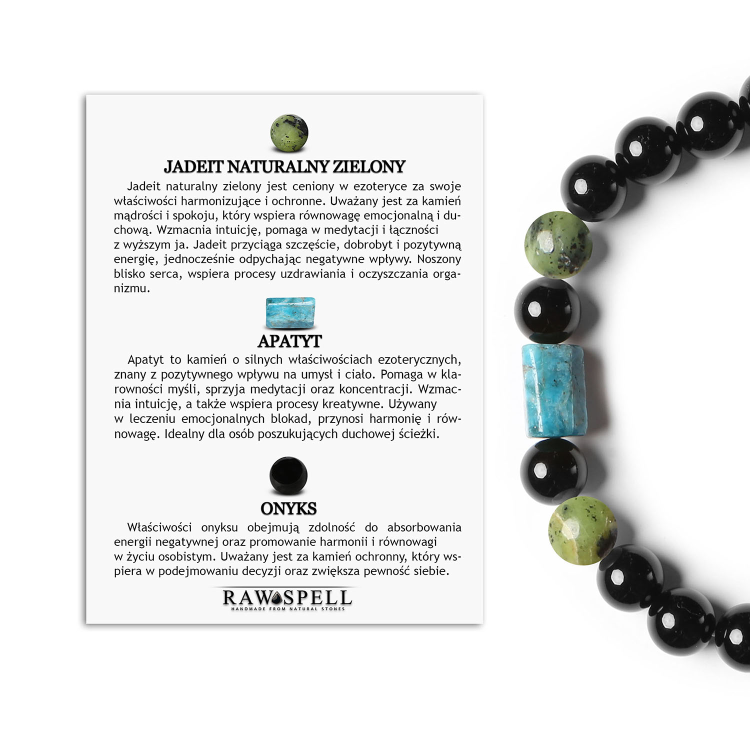 Bransoletka Laeri na gumce z jadeitem zielonym i onyksem, idealna dla kobiet i mężczyzn Bransoletka z kolekcji Laeri z kamieni jadeitu zielonego, apatytu i onyksu, stworzona z myślą o kobietach i mężczyznach.