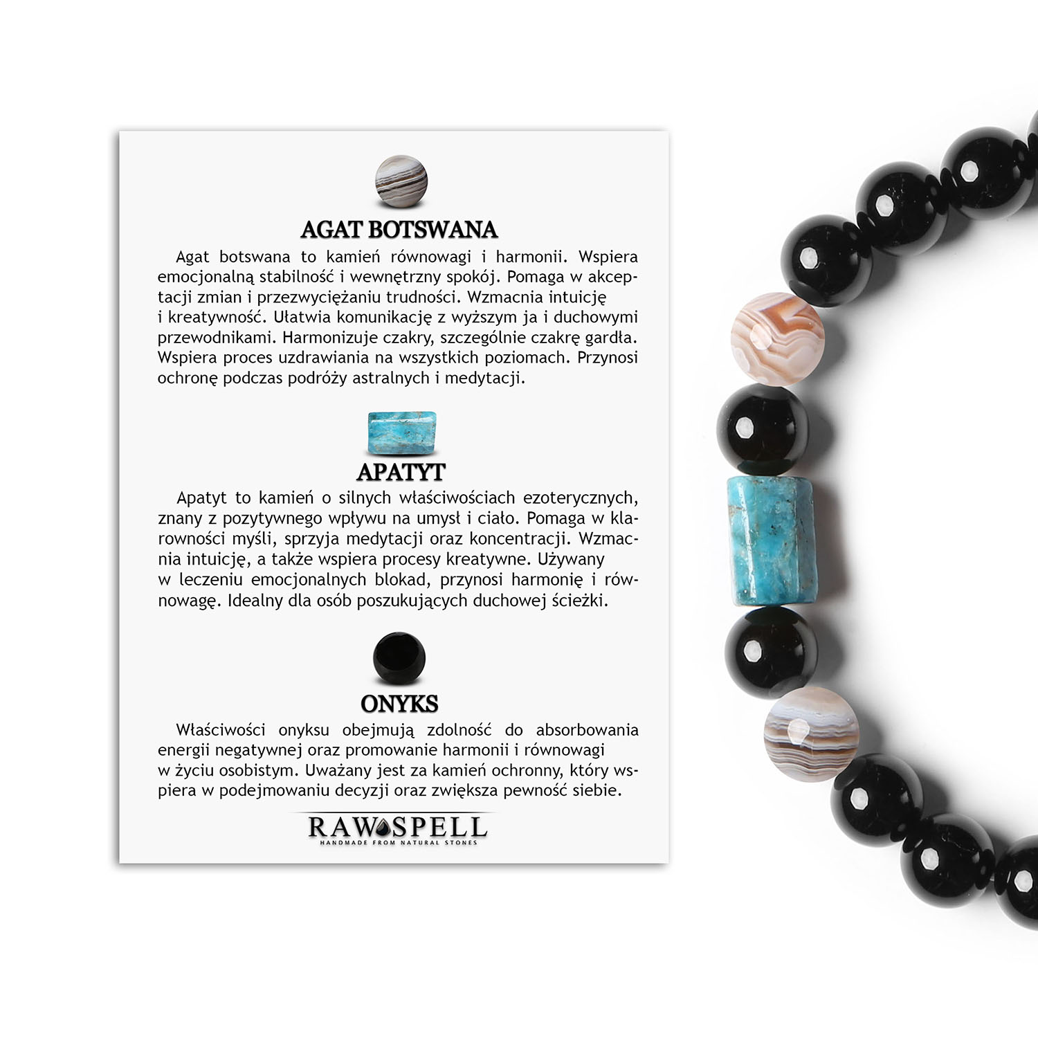 Bransoletka Laeri na gumce z kamieniami Agat Botswana, Apatyt, Onyks – doskonała dla wszystkich Kolektywny styl: Bransoletka Laeri z kamieniami naturalnymi - agat z Botswany, apatyt i onyks, dla wszystkich.