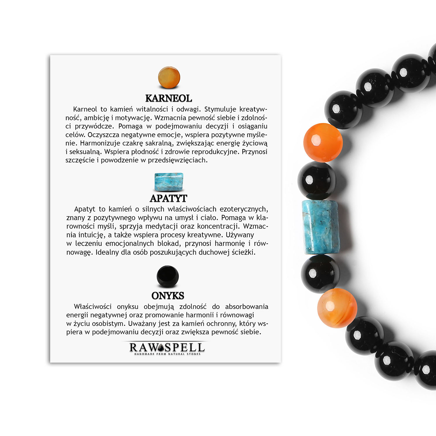 Bransoletka Laeri na gumce, z karneolem, apatytami i onyksem, dedykowana dla kobiet i mężczyzn Bransoletka z kolekcji Laeri, Kamienie naturalne, Apatyt