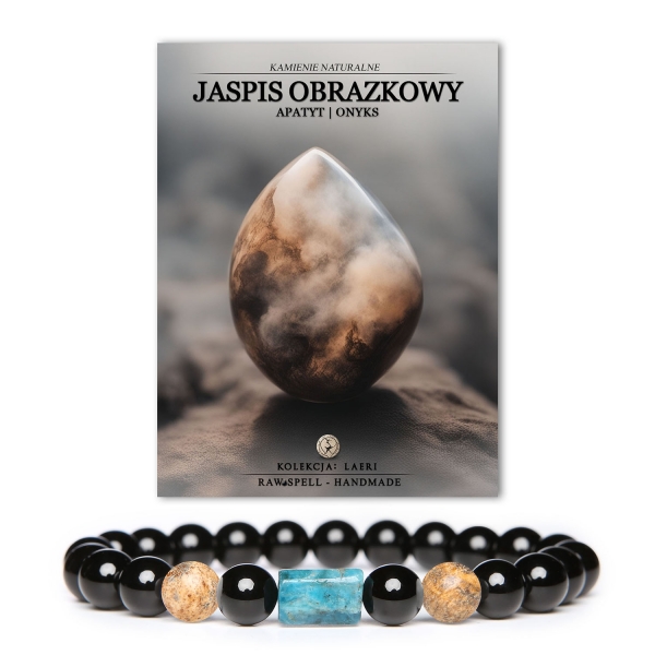 Bransoletka Laeri z kamieniami: jaspis obrazkowy, apatyt oraz onyks, doskonała dla kobiet i mężczyzn, łącząca styl z naturą.