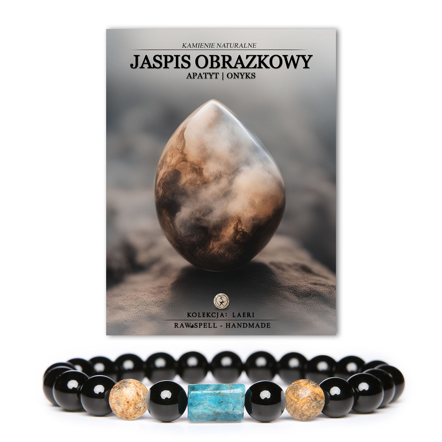 Bransoletka Laeri z kamieniami: jaspis obrazkowy, apatyt oraz onyks, doskonała dla kobiet i mężczyzn, łącząca styl z naturą.