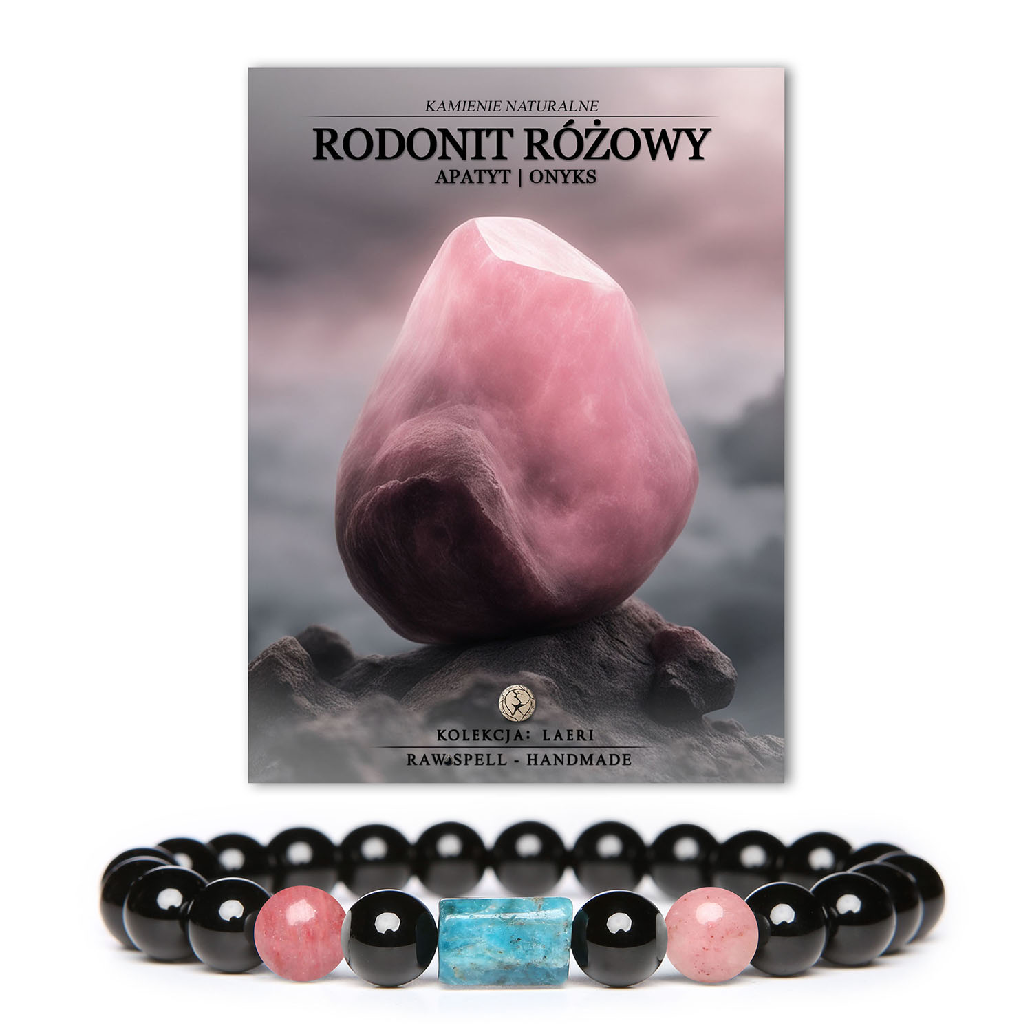 Elegancka bransoletka z kolekcji Laeri, z naturalnymi kamieniami jak rodonit różowy, apatyty i onyks, stworzona dla kobiet i mężczyzn.