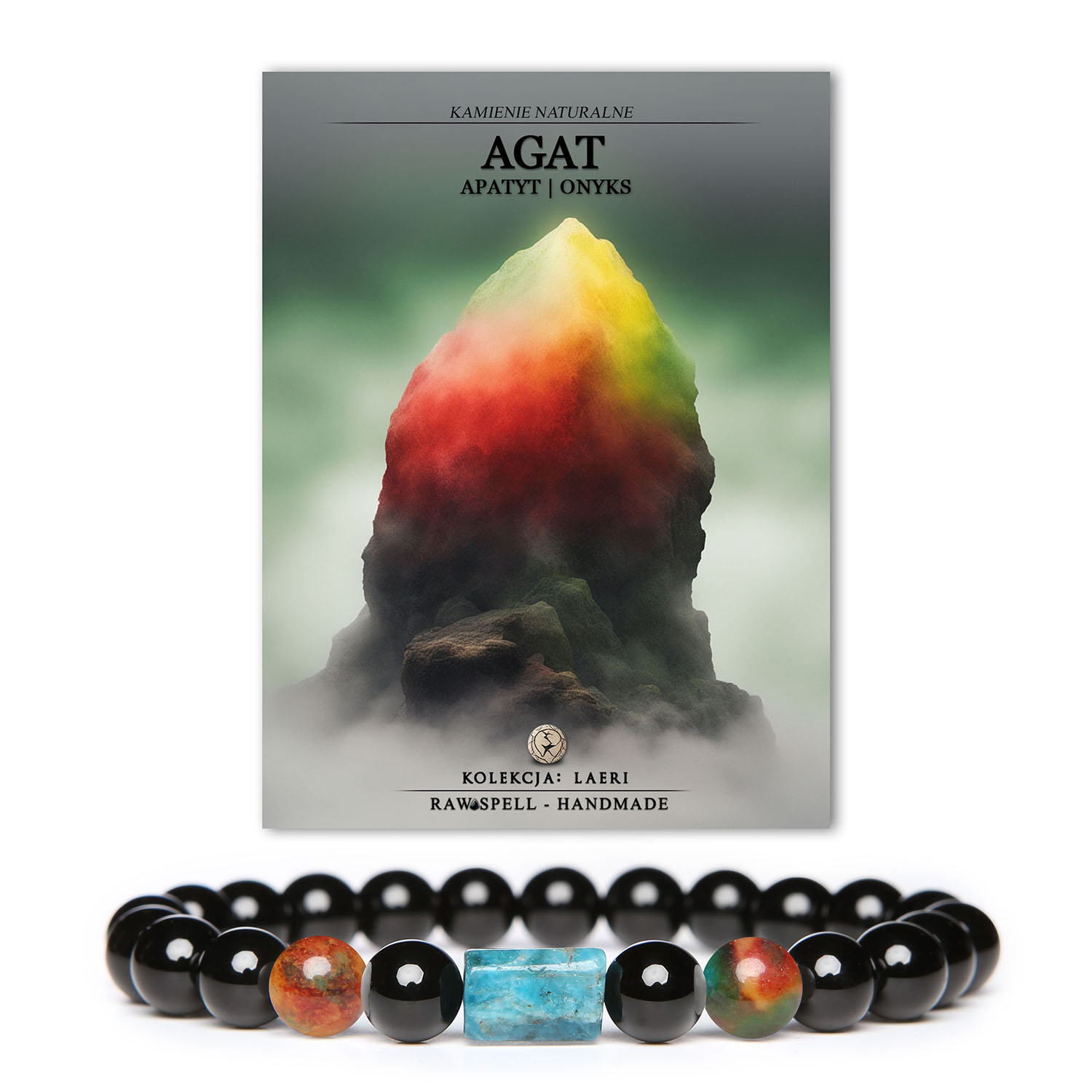 Bransoletka Laeri z naturalnymi agatami, apatytami i onyksami, unisex, doskonała na każdą okazję