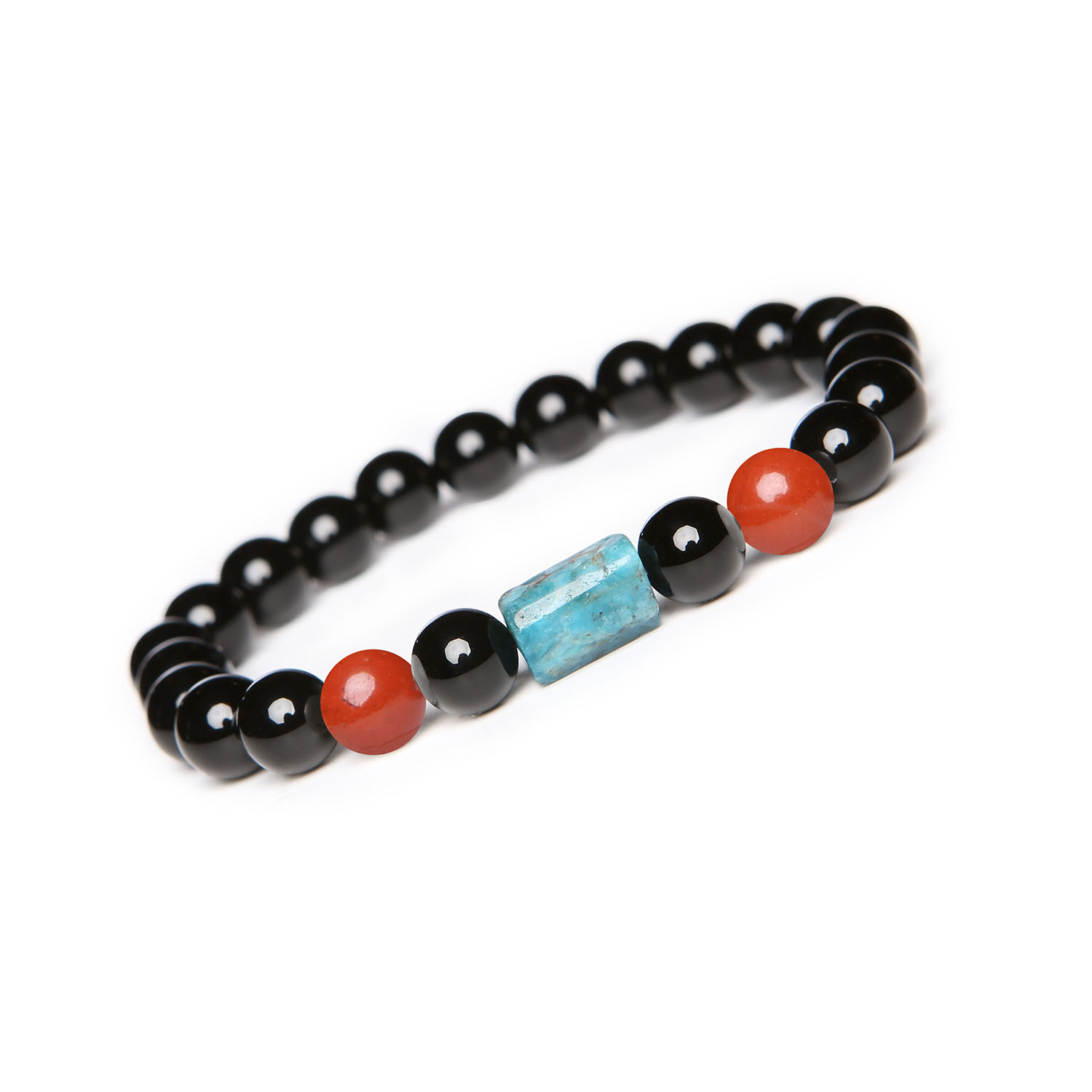 Bransoletka Laeri z gumką - Jaspis Czerwony, Apatyt i Onyks, idealna dla Kobiet i Mężczyzn Stylowa bransoletka Laeri z naturalnymi kamieniami: jaspisem czerwonym, apatyt i onyksem, uniwersalny dodatek dla kobiet i mężczyzn.