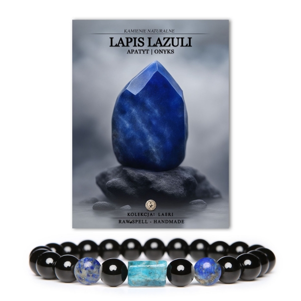 Bransoletka Laeri z naturalnymi kamieniami lapis lazuli, apatytu i onyksu, doskonała na każdą okazję, dla kobiet i mężczyzn.