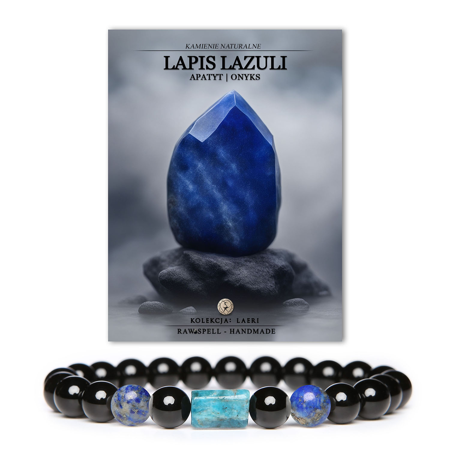 Bransoletka Laeri z naturalnymi kamieniami lapis lazuli, apatytu i onyksu, doskonała na każdą okazję, dla kobiet i mężczyzn.