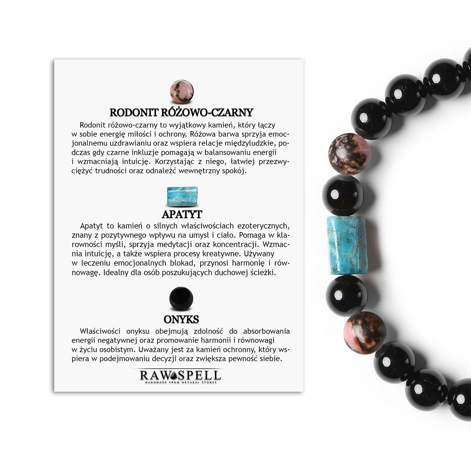 Bransoletka Laeri z gumką - Rodonit, Apatyt, Onyks, idealna dla kobiet i mężczyzn Bransoletka Laeri z kamieni naturalnych: różowo-czarny rodonit, apatyt i onyks, uniseksowy dodatek dla każdej osoby.