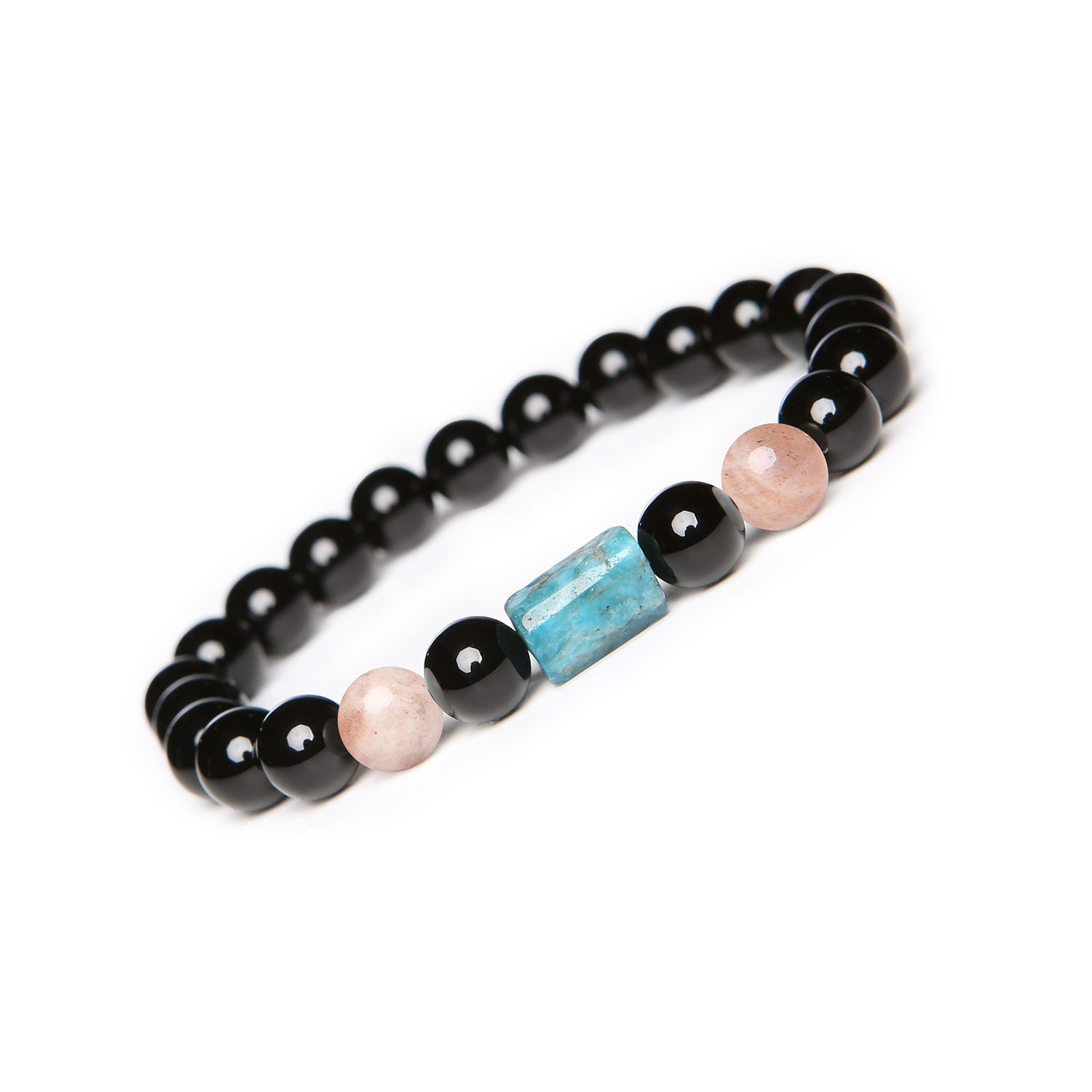 Bransoletka Laeri z gumki, Kamień Słoneczny, Apatyt i Onyks - idealna dla kobiet i mężczyzn Elegancka bransoletka z naturalnych kamieni: Kamień Słoneczny, Apatyt i Onyks, z kolekcji Laeri, dostępna dla kobiet i mężczyzn.