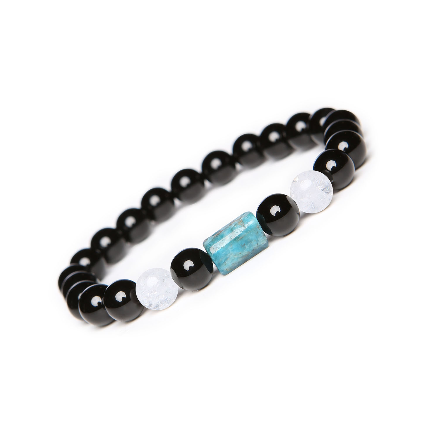 Bransoletka Laeri z gumki, ozdobiona Kryształem Górskim Lodowym, Apatytem i Onyksami dla kobiet i mężczyzn Bransoletka Laeri z kryształem górskim, apatyt i onyksem, idealna dla kobiet i mężczyzn.