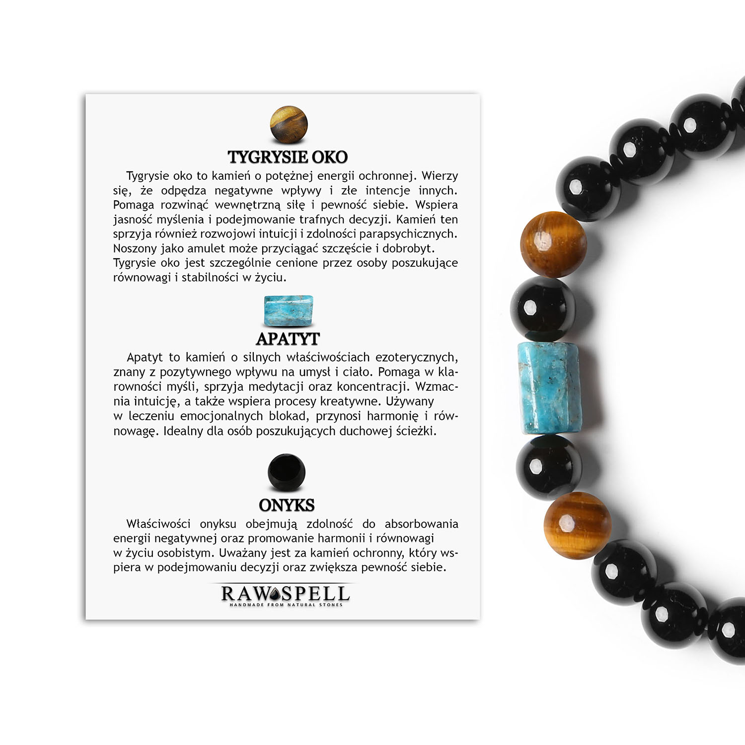 Bransoletka Laeri z gumy, ozdobiona Tygrysim Okiem, Apatytem i Onyksami, dla kobiet i mężczyzn Elegancka bransoletka Laeri z naturalnych kamieni tygrysiego oka, apatytu i onyksu, przeznaczona dla kobiet i mężczyzn.