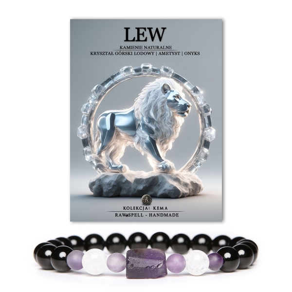 Bransoletka na gumce z naturalnych kamieni - Kryształ Górski, Ametyst i Onyks, inspirowana znakiem zodiaku Lew, idealna dla kobiet i mężczyzn