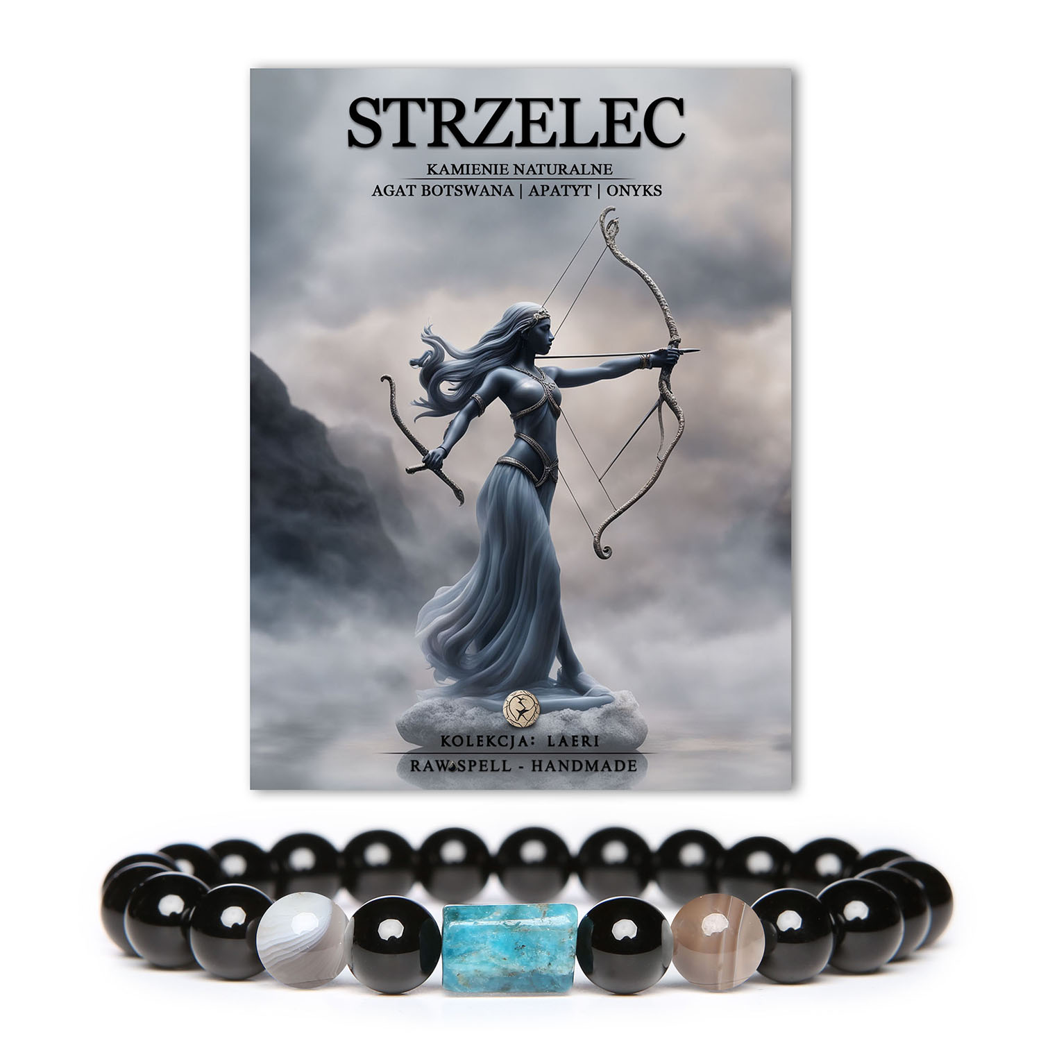 Stylowa bransoletka na gumce z naturalnych kamieni: agat botswański, apatyt i onyks, dedykowana dla Strzelca - unikalny dodatek męski i damski.