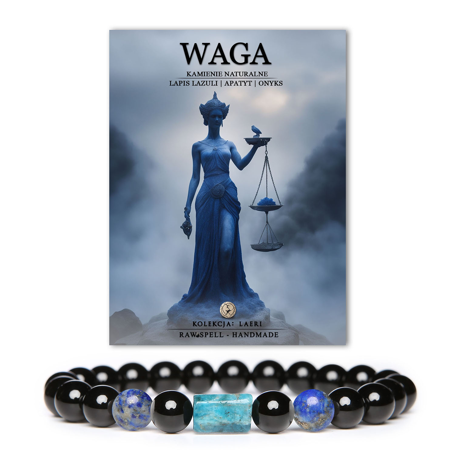 Bransoletka Waga z naturalnych kamieni: lapis lazuli, apatyt i onyks, idealna dla mężczyzn i kobiet, elegancka na gumce w kolekcji Laeri.