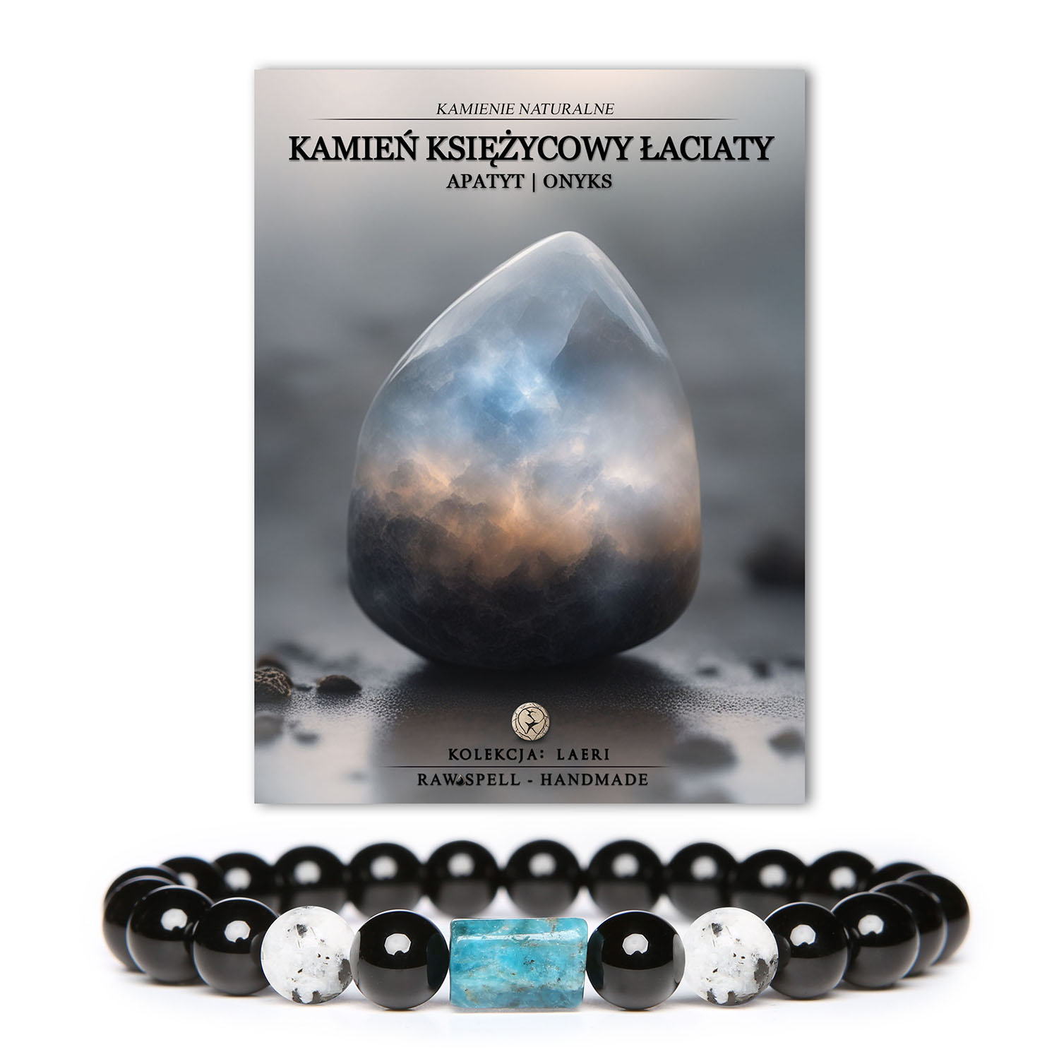 Bransoletka Laeri z kamieniami naturalnymi: Kamień Księżycowy Łaciaty, Apatyt, Onyks – idealna dla kobiet i mężczyzn.