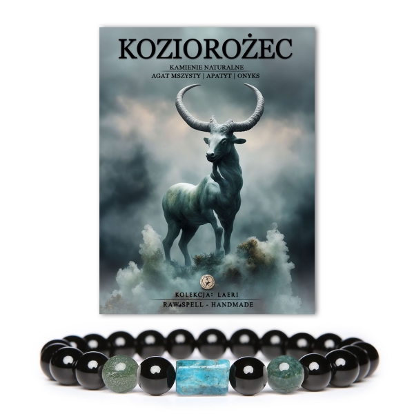 Damska i męska bransoletka z kolekcji Laeri - Koziorożec, wykonana z naturalnych kamieni: agatu mszystego, apatytu i onyksu.