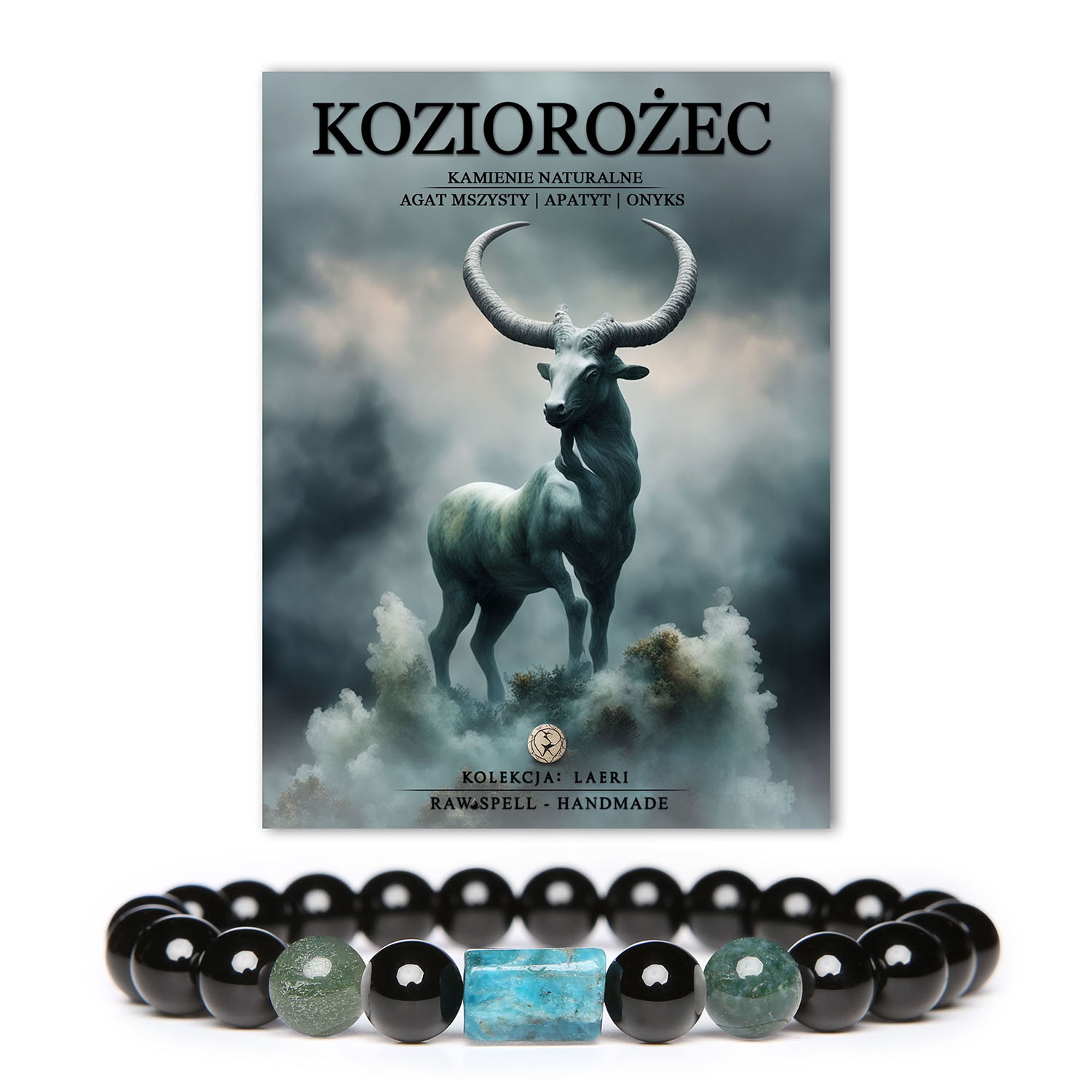 Damska i męska bransoletka z kolekcji Laeri - Koziorożec, wykonana z naturalnych kamieni: agatu mszystego, apatytu i onyksu.