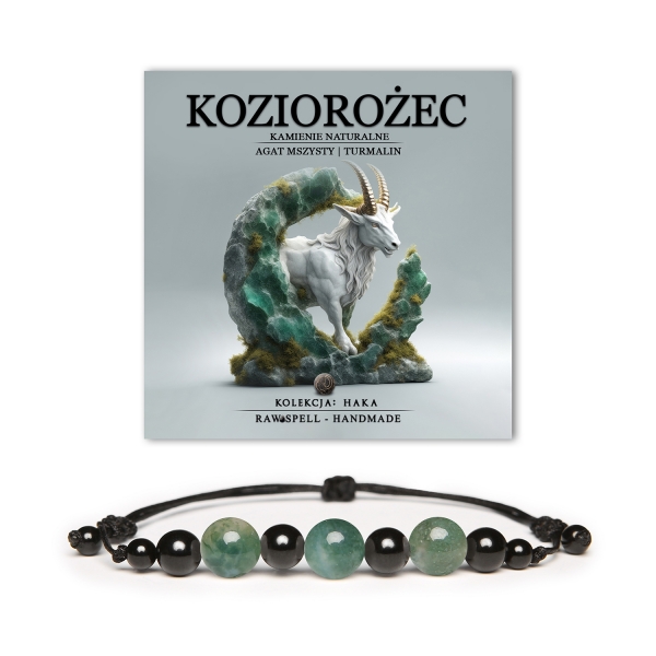 Stylowa bransoletka z agatów mszystych i turmalinów, należąca do kolekcji Haka – unikalna biżuteria dla zodiakalnych Koziorożców.