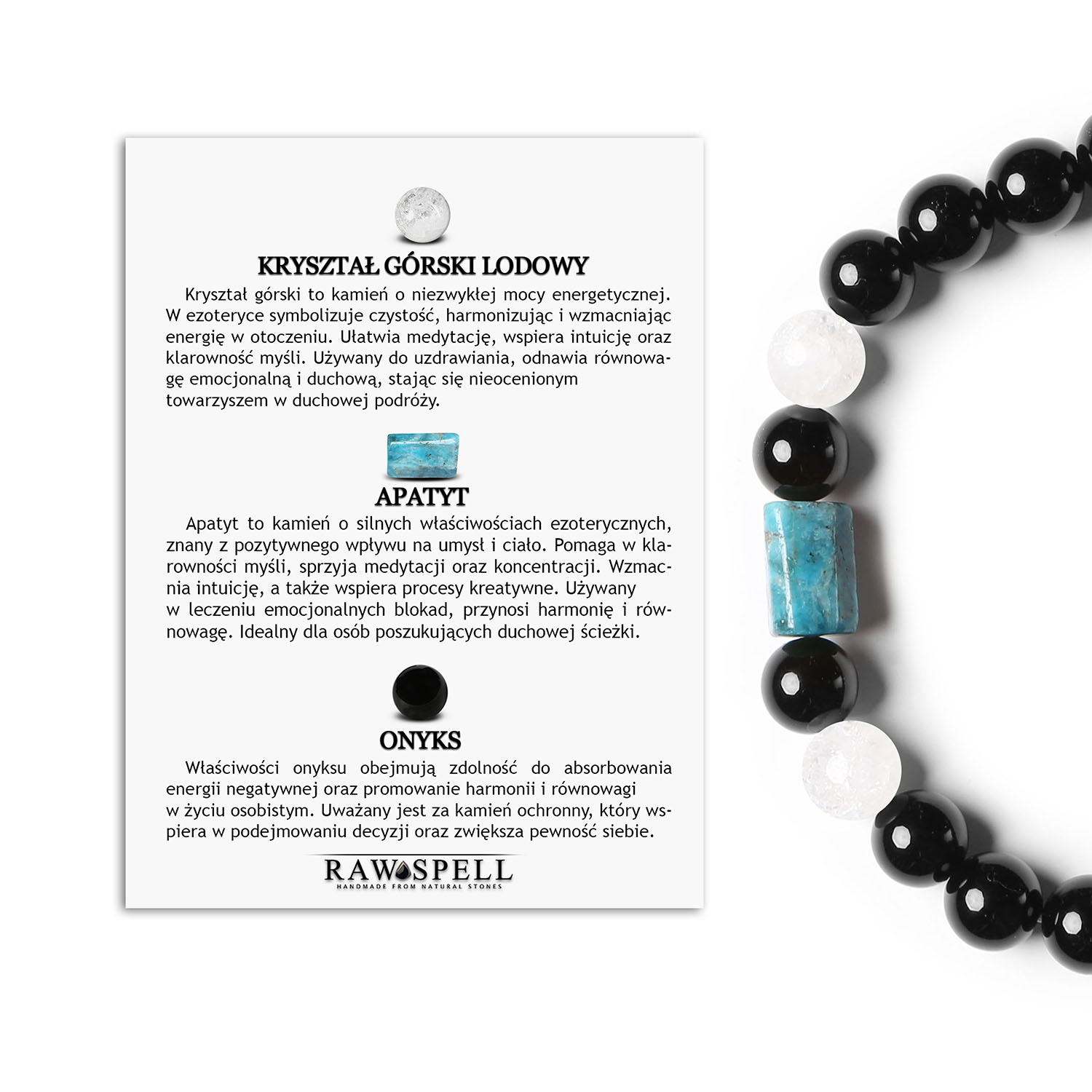 Bransoletka gumowa Laeri z Kryształem Górskim Lodowym, Apatytem i Onyksami – idealna dla kobiet i mężczyzn Stylowa bransoletka z naturalnych kamieni - kryształ górski, apatyt i onyks z kolekcji Laeri, stworzona dla obu płci.