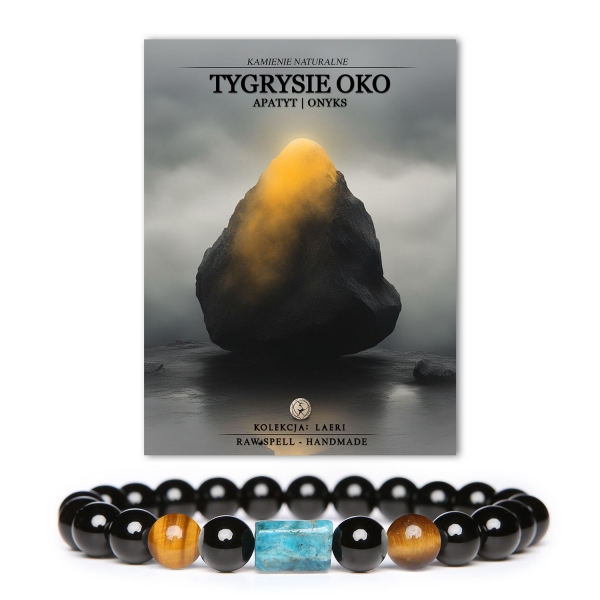 Unikalna bransoletka Laeri z kamieni naturalnych, w tym tygrysiego oka, apatytu i onyksu, świetny dodatek dla kobiet i mężczyzn.