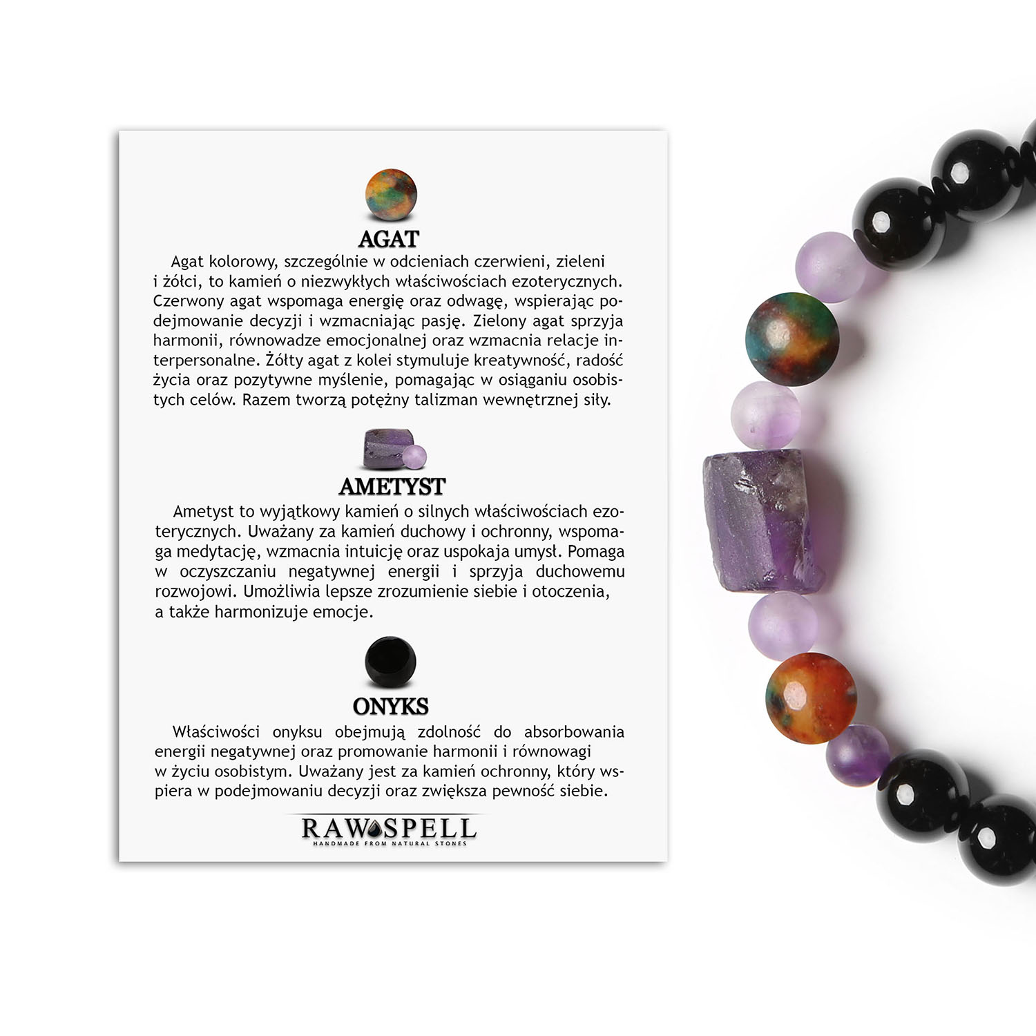 Bransoletka męska i damska Kema z agatami, ametystami oraz onyksami Elegancka bransoletka Kema z kamieni naturalnych, w tym agatu, ametystu i onyksu, pasująca do każdego stylu, zarówno dla pań, jak i panów.