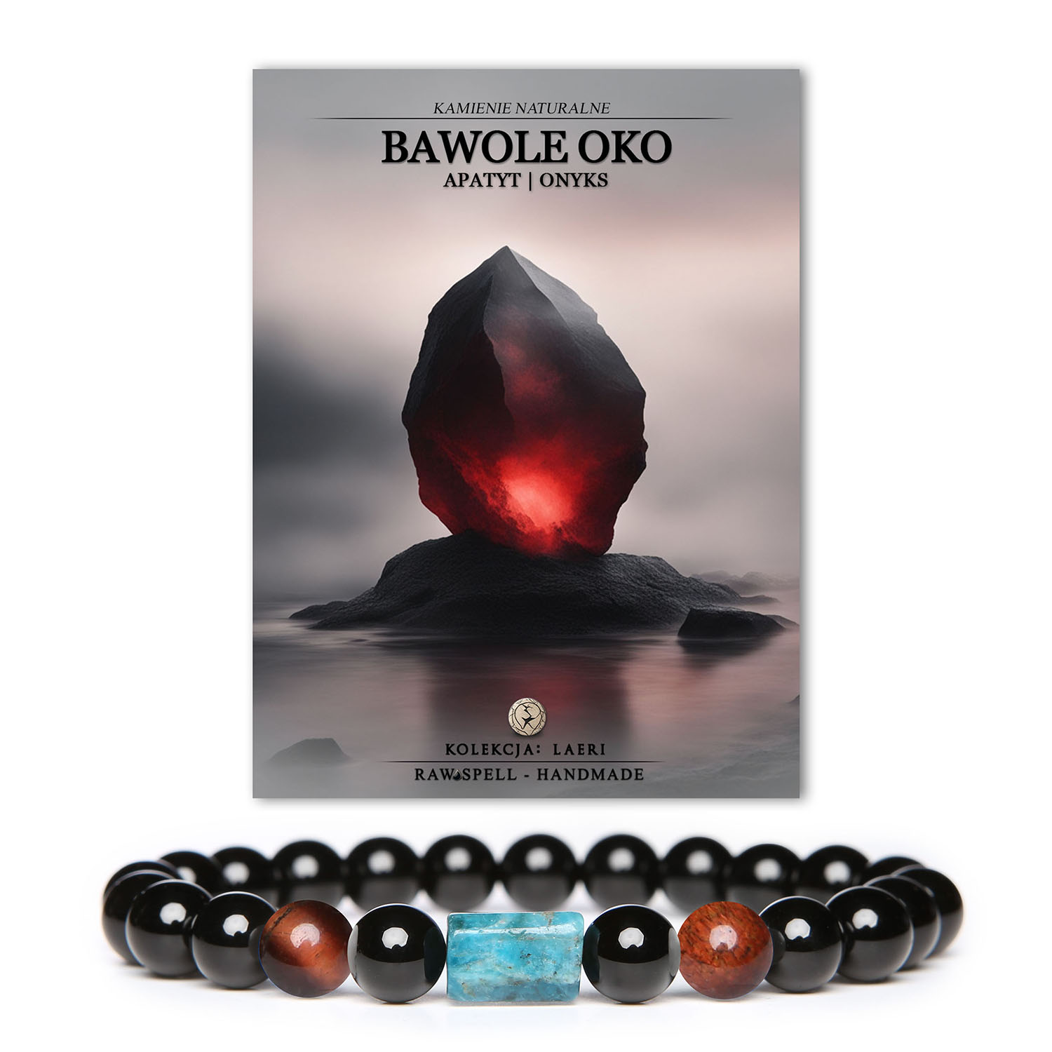 Bransoletka z kolekcji Laeri z naturalnymi kamieniami: bawole oko, apatyt i onyks, idealna dla kobiet i mężczyzn.