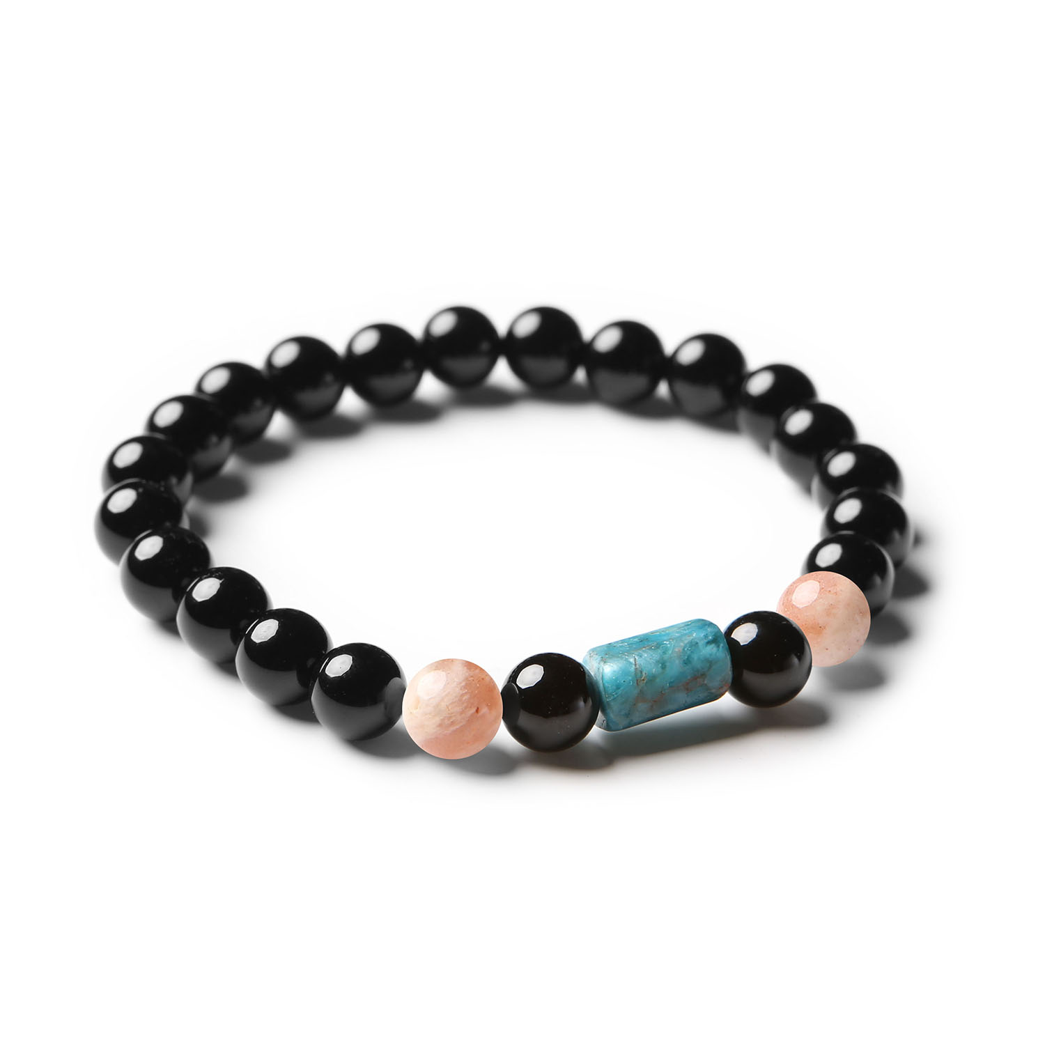 Bransoletka z kolekcji Laeri, ozdobiona naturalnymi kamieniami: Kamień Słoneczny, Apatyt oraz Onyks, dla kobiet i mężczyzn.