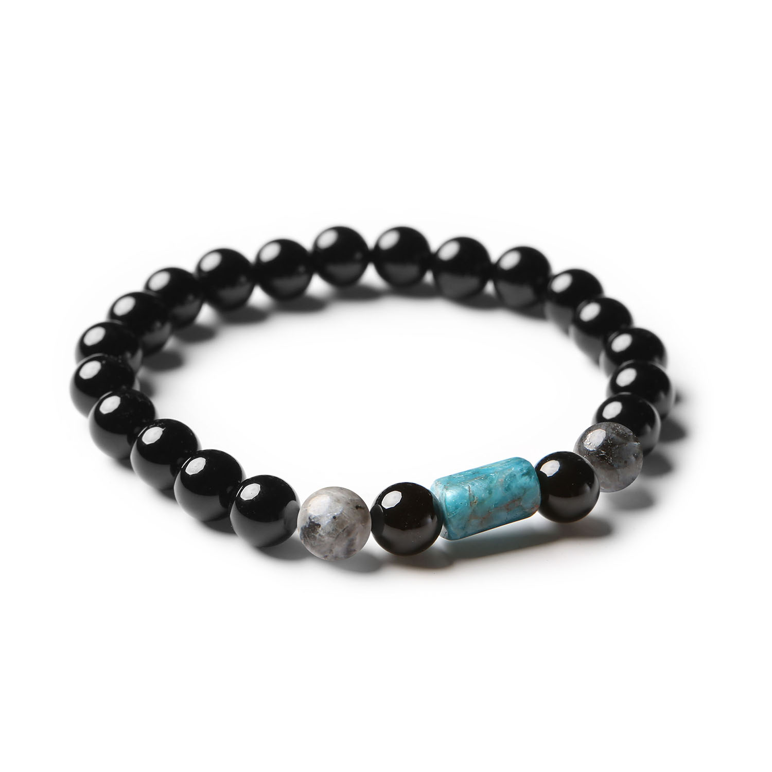 Elegancka bransoletka Laeri z kamieniami naturalnymi: larvikit, apatyt oraz onyks, doskonała biżuteria dla kobiet i mężczyzn.