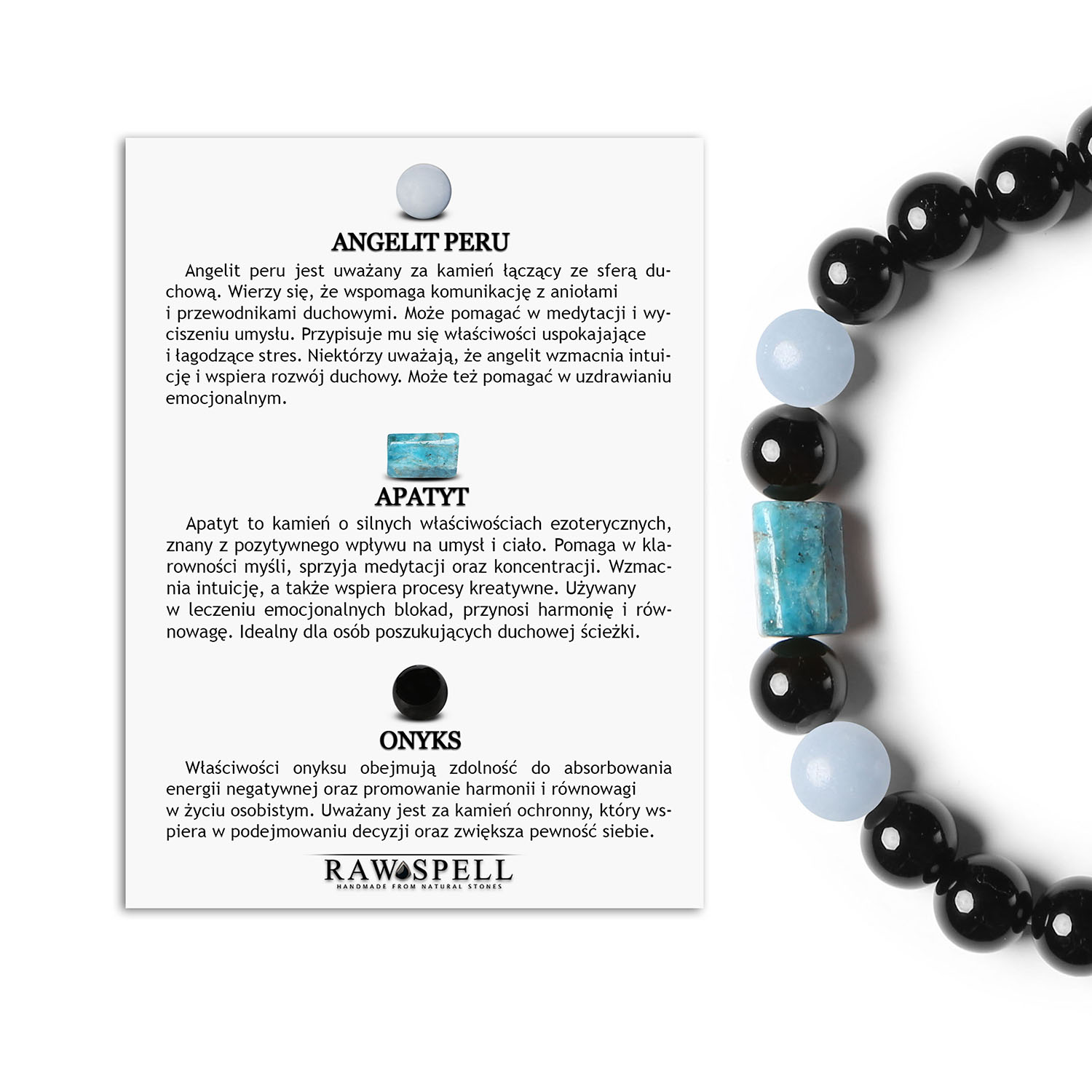 Bransoletka na gumce Laeri z angielitem z Peru, apatytami i onyksami, doskonała dla kobiet i mężczyzn Elegancka bransoletka z kolekcji Laeri, wykonana z kamieni naturalnych: angelit (Peru), apatyt i onyks, dla kobiet i mężczyzn.