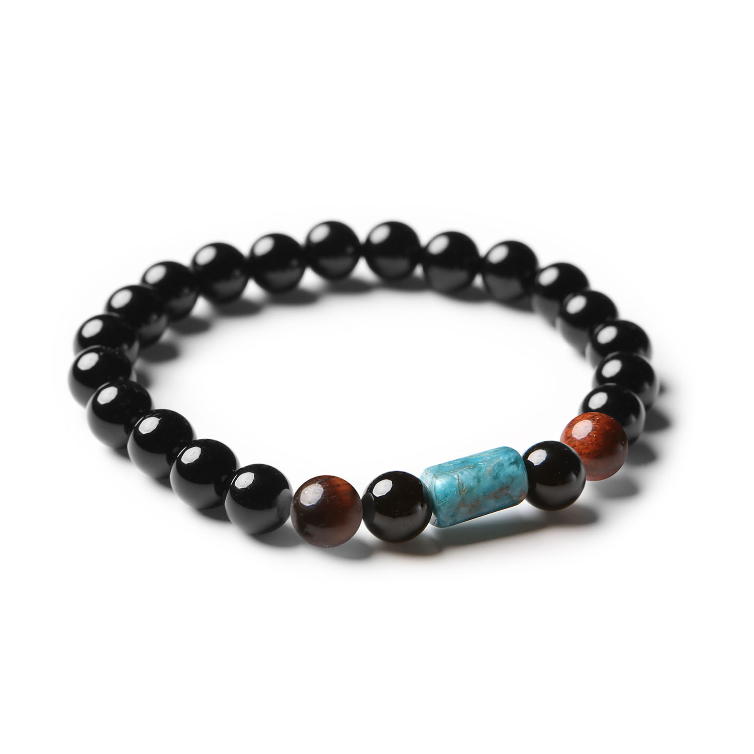 Unikalna bransoletka z kamieniami naturalnymi: Bawole Oko, Apatyt i Onyks, z kolekcji Laeri, dostępna dla kobiet i mężczyzn