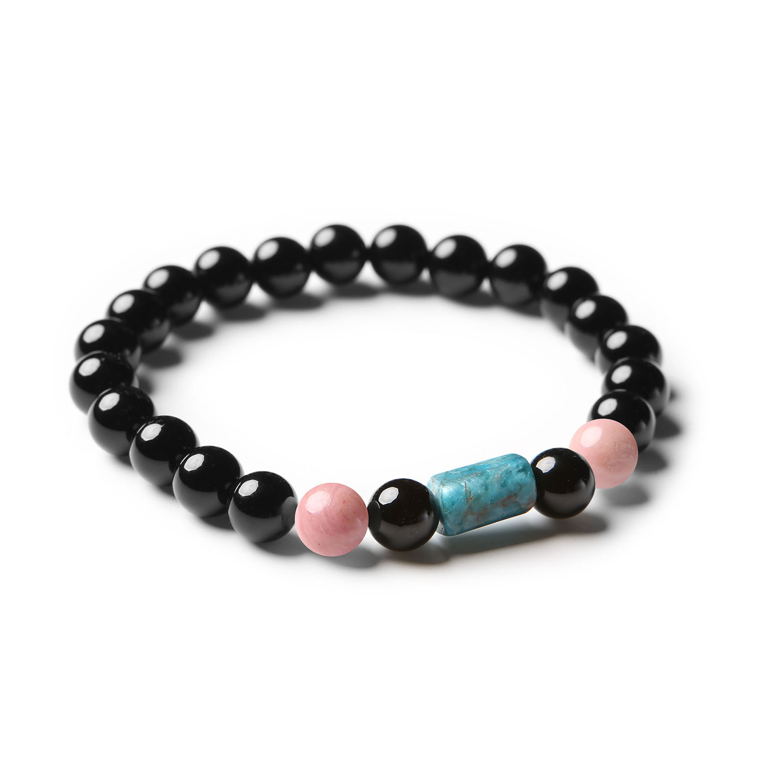 Bransoletka Laeri z kamieniami naturalnymi: różowy rodonit, apatyty i onyks, doskonały dodatek dla obu płci.