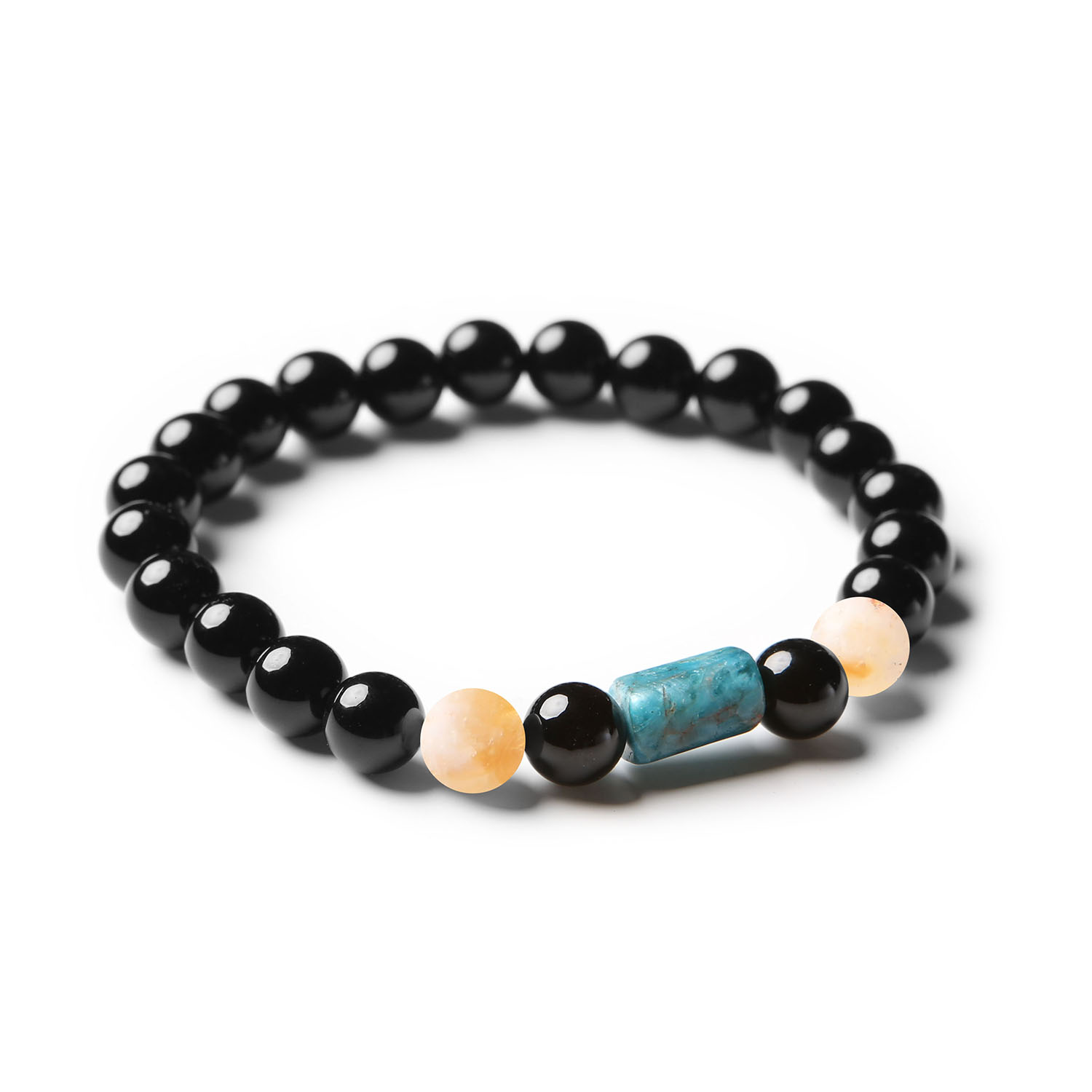 Stylowa bransoletka z kolekcji Laeri, wykonana z cytrynu cieniowanego, apatytu i onyksu, dla każdego, kto ceni unikalną biżuterię.