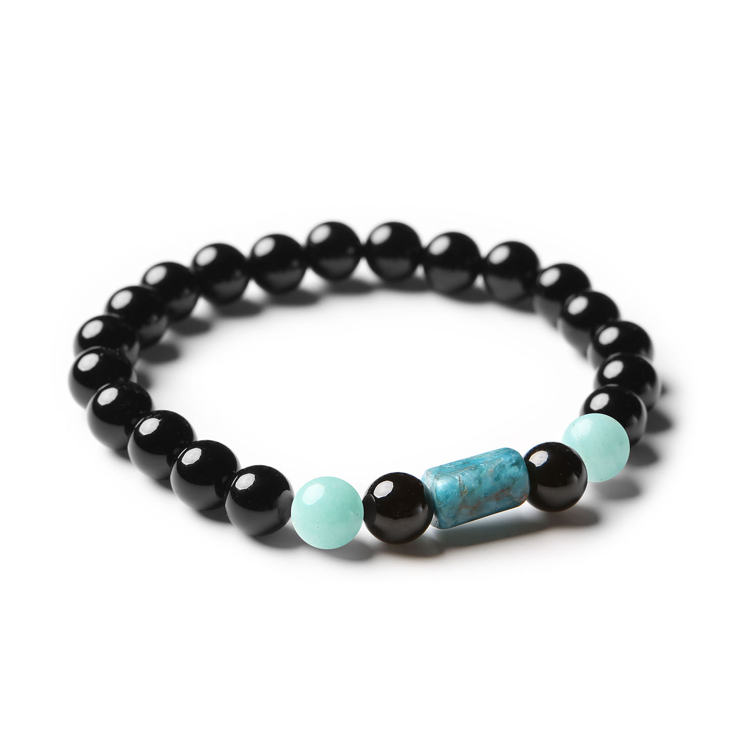 Stylowa bransoletka Laeri z naturalnymi kamieniami, w tym jasnym amazonitem, apatytami i onyksami, idealna dla kobiet i mężczyzn.