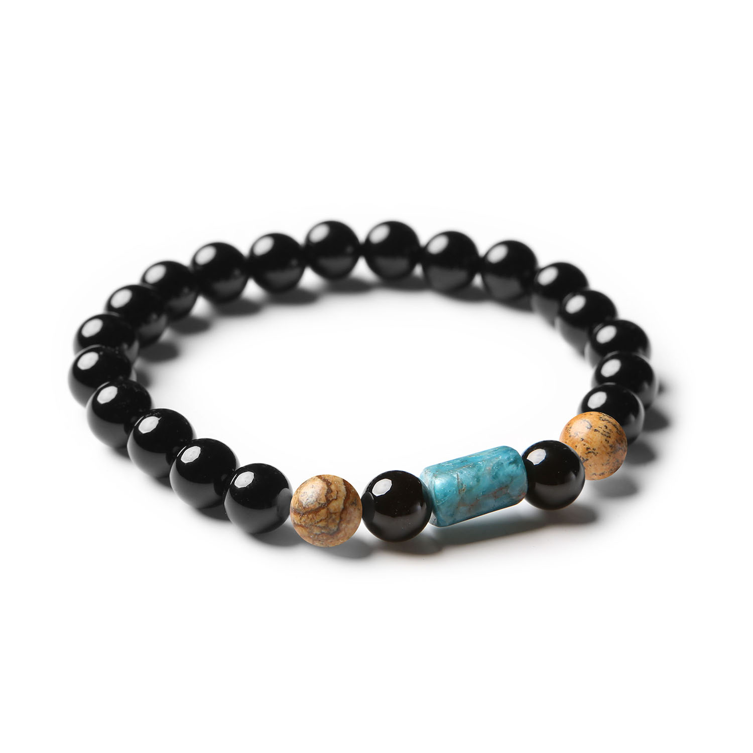 Elegancka bransoletka Laeri z kamieniami naturalnymi - jaspisem obrazkowym, apatyt i onyks, dedykowana zarówno kobietom, jak i mężczyznom.