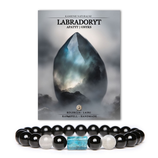 Bransoletka Laeri z unikalnymi kamieniami naturalnymi - labradorytem, apatytu i onyksu, przeznaczona dla kobiet i mężczyzn.