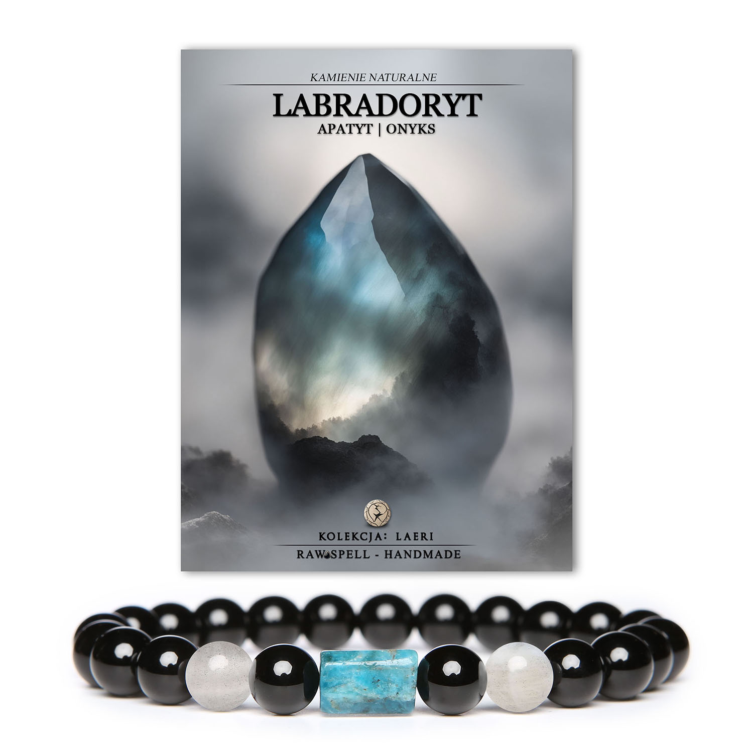 Bransoletka Laeri z unikalnymi kamieniami naturalnymi - labradorytem, apatytu i onyksu, przeznaczona dla kobiet i mężczyzn.