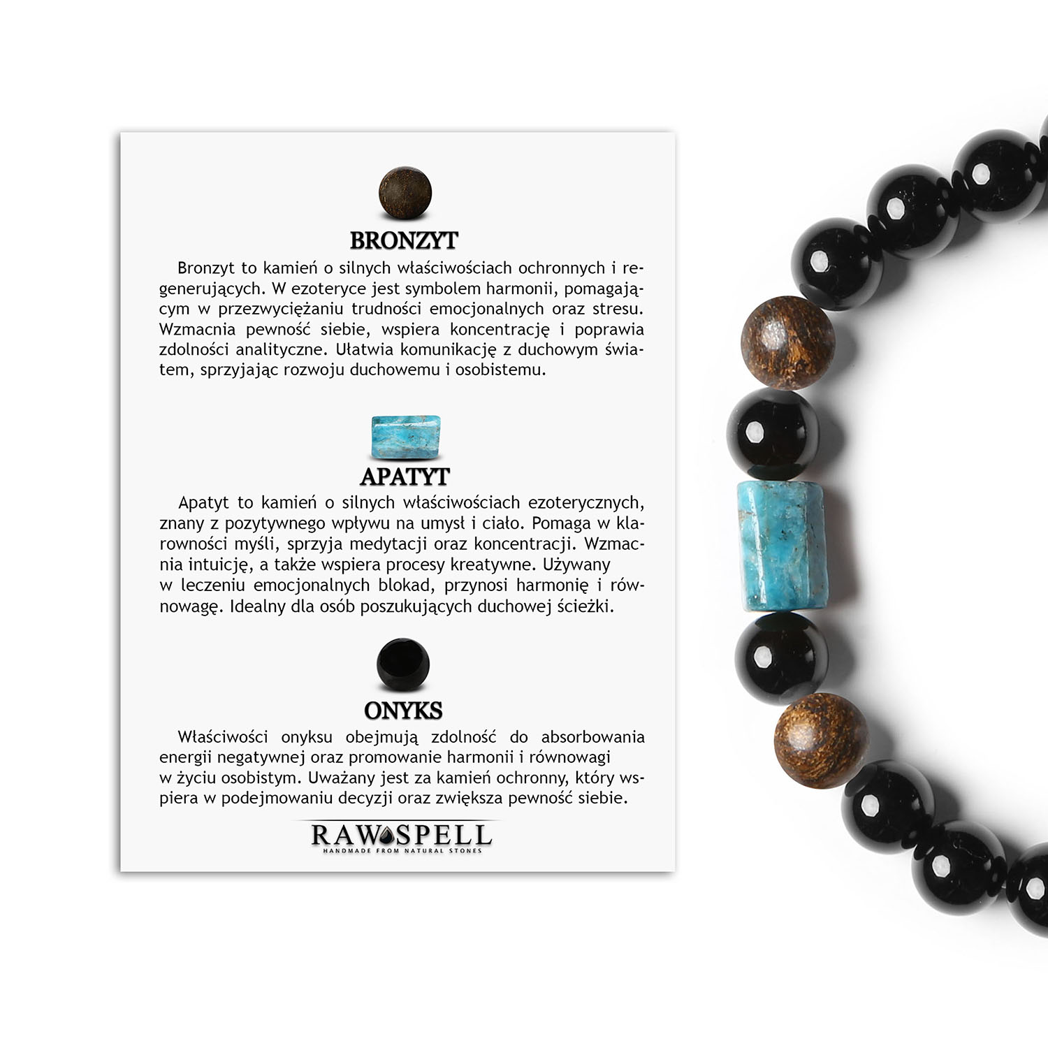 Bransoletka na gumce z kolekcji Laeri zdobiona bronzytem apatytem i onyksem Elegancka bransoletka z kolekcji Laeri, wykonana z bronzytu, apatytu oraz onyksu, doskonała dla obu płci.