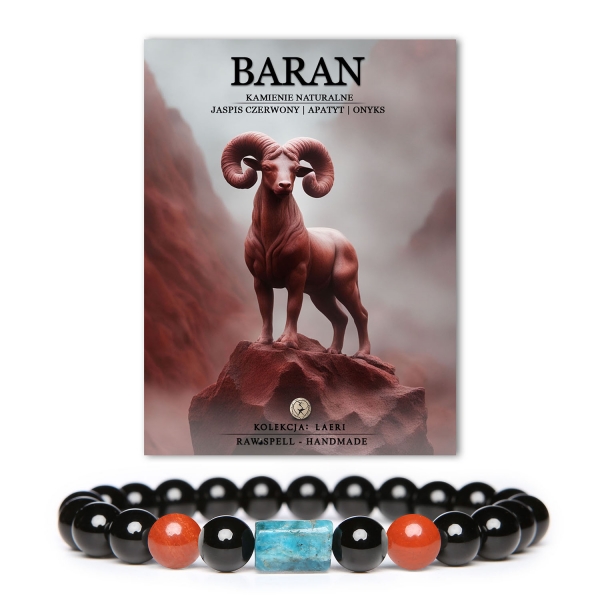 Stylowa bransoletka na gumce z Jaspisu Czerwonego, Apatyty i Onyksu. Idealny prezent dla Barana. Damska i męska wersja dostępna.