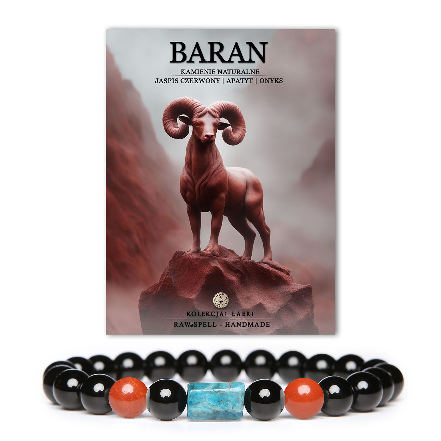 Stylowa bransoletka na gumce z Jaspisu Czerwonego, Apatyty i Onyksu. Idealny prezent dla Barana. Damska i męska wersja dostępna.