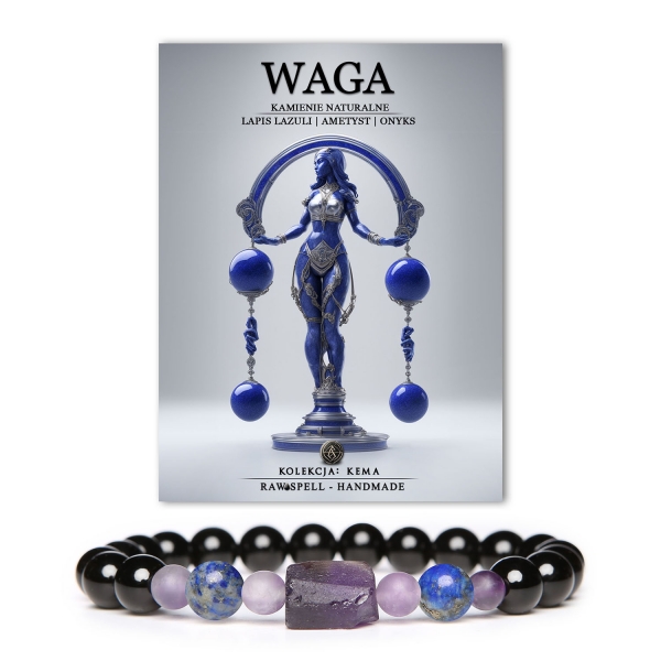 Stylowa bransoletka na gumce z lapis lazuli, ametystu i onyksu w kolekcji Kema. Idealna dla Wagi – dla niej i dla niego.