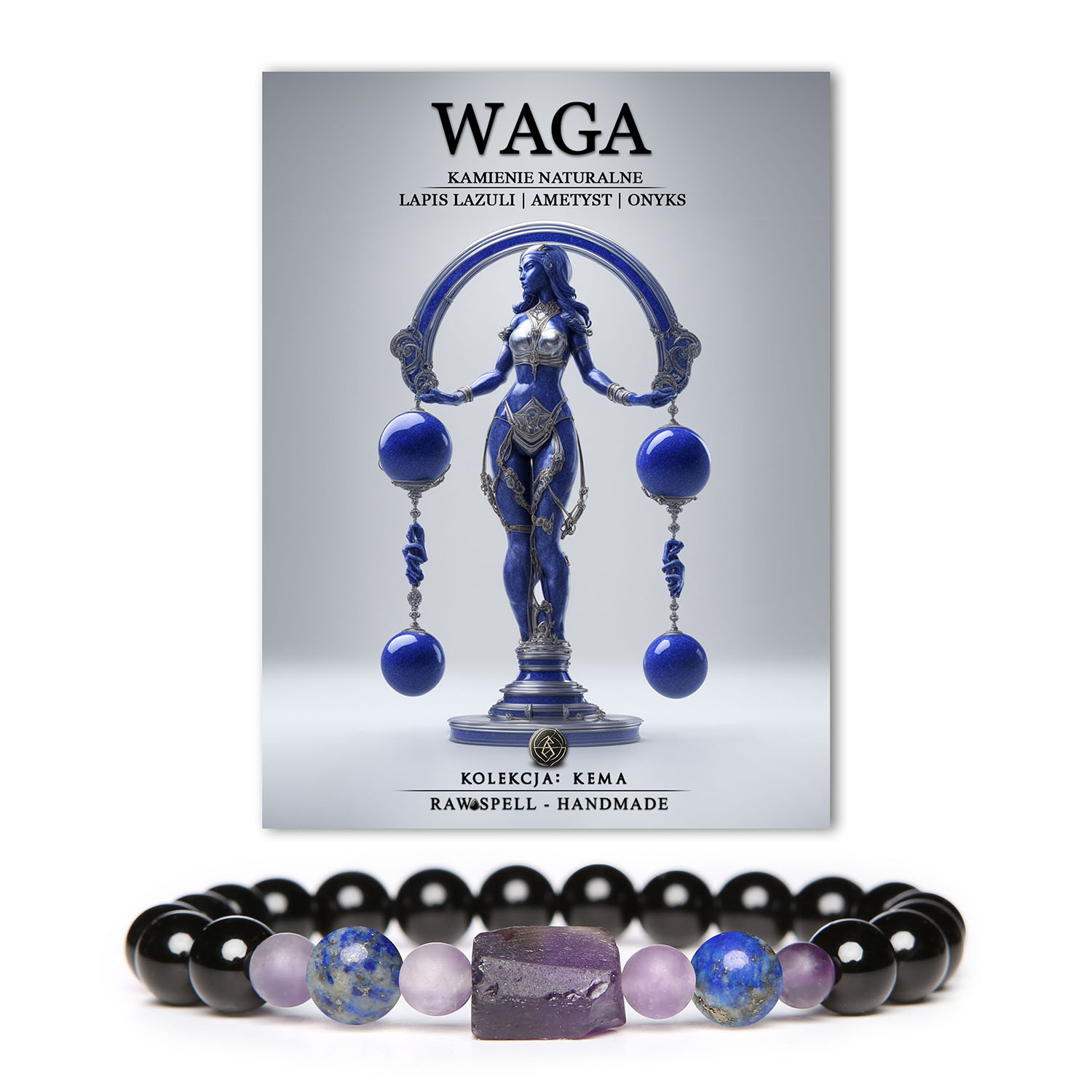 Stylowa bransoletka na gumce z lapis lazuli, ametystu i onyksu w kolekcji Kema. Idealna dla Wagi – dla niej i dla niego.