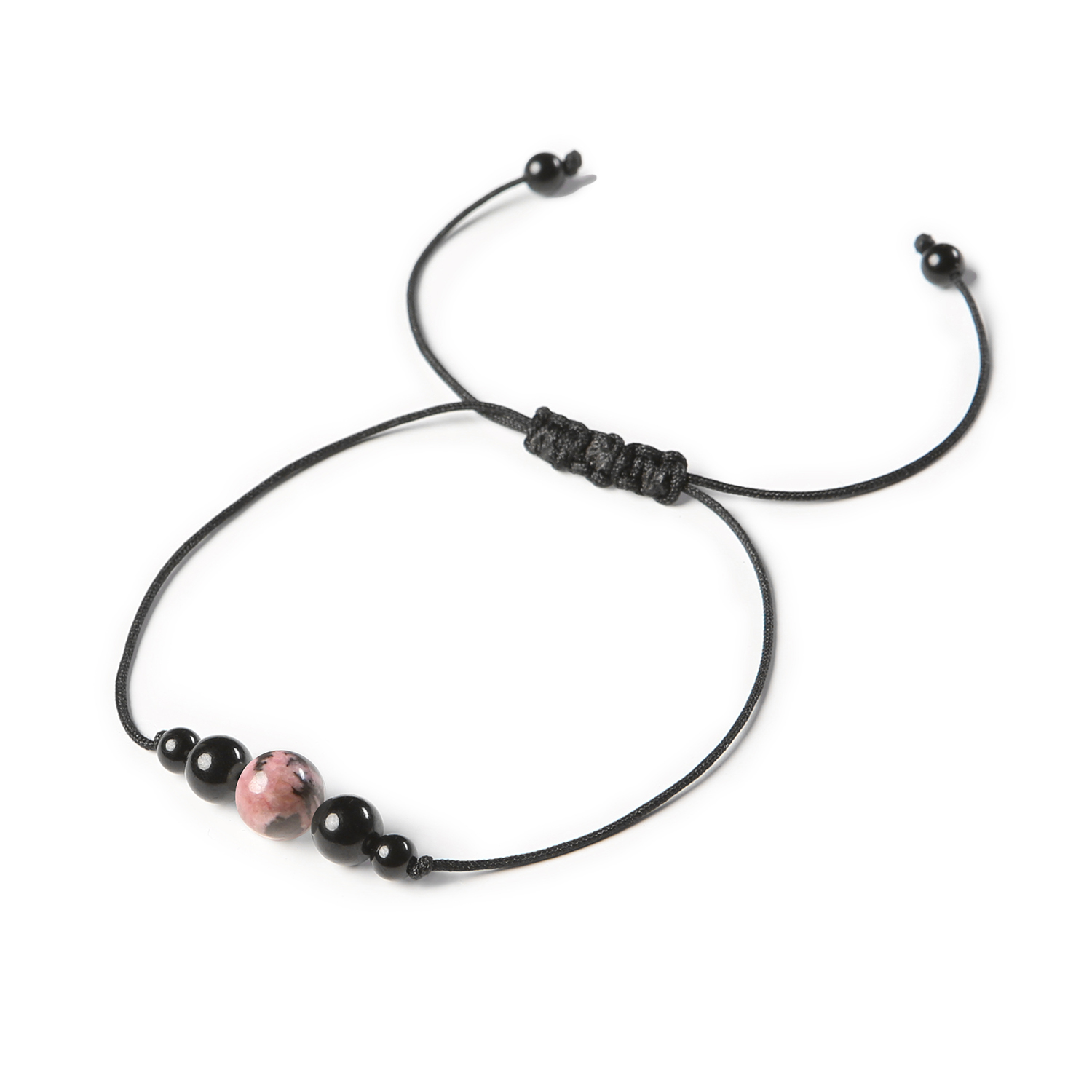 Bransoletka na sznurku Garie - Rodonit różowo-czarny i turmalin, idealna dla kobiet i mężczyzn Bransoletka z kolekcji Garie - naturalne kamienie rodonitu różowo-czarnego i turmalinu, dostępna w wersji damskiej i męskiej.