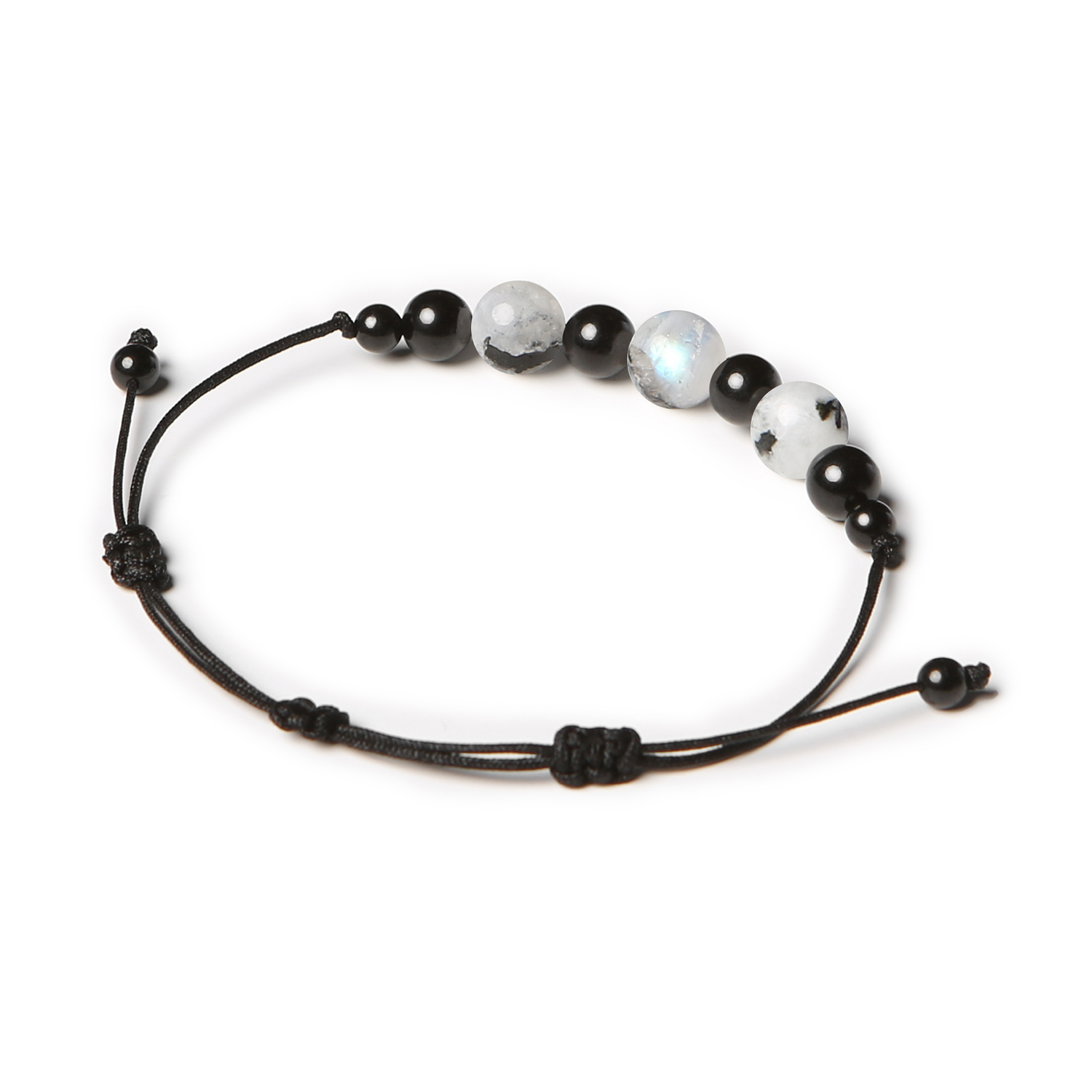 Bransoletka Haka z naturalnymi kamieniami: Łaciaty Kamień Księżycowy i Turmalin, dostępna w wersji damskiej i męskiej.