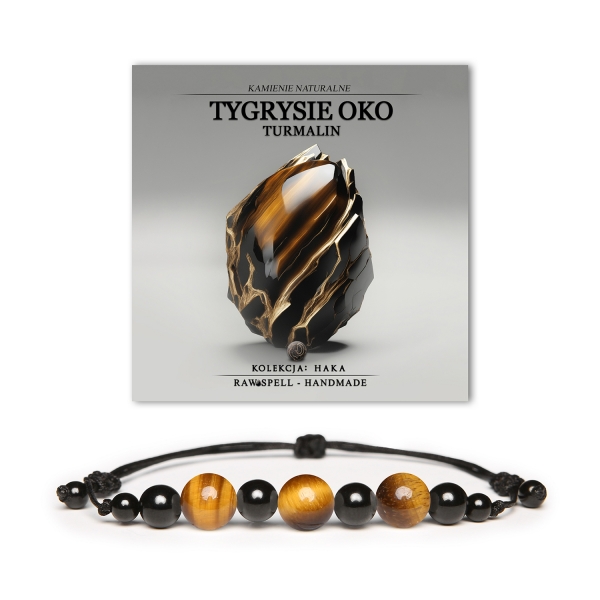 Elegancka bransoletka Haka z kamieniami Tygrysie Oko i Turmalin, odpowiednia dla obu płci.