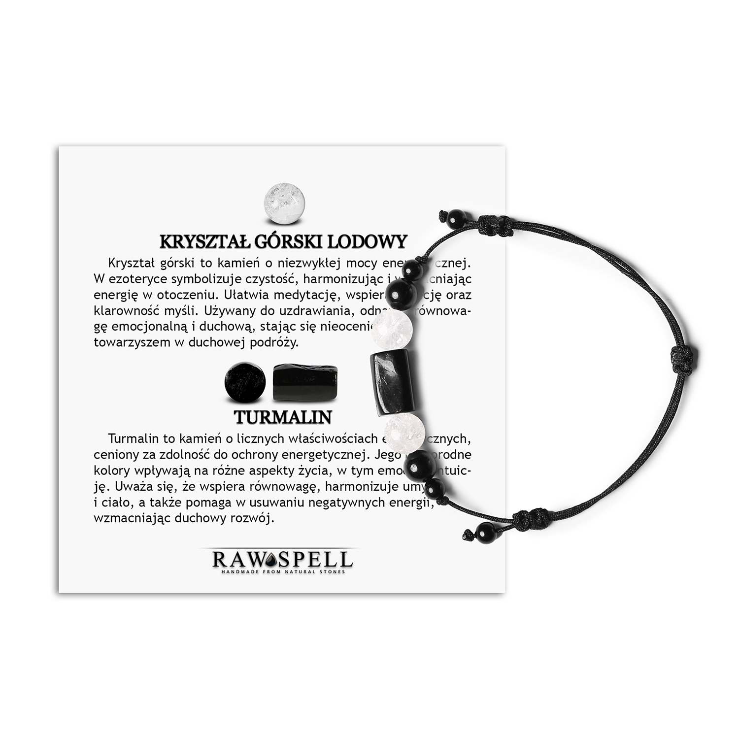 Bransoletka na sznurku Inare z Kryształem Górskim Lodowym i Turmalinem dla kobiet i mężczyzn Bransoletka Inare z naturalnymi kamieniami: Kryształ Górski Lodowy i Turmalin, dostępna w wersji damskiej i męskiej.